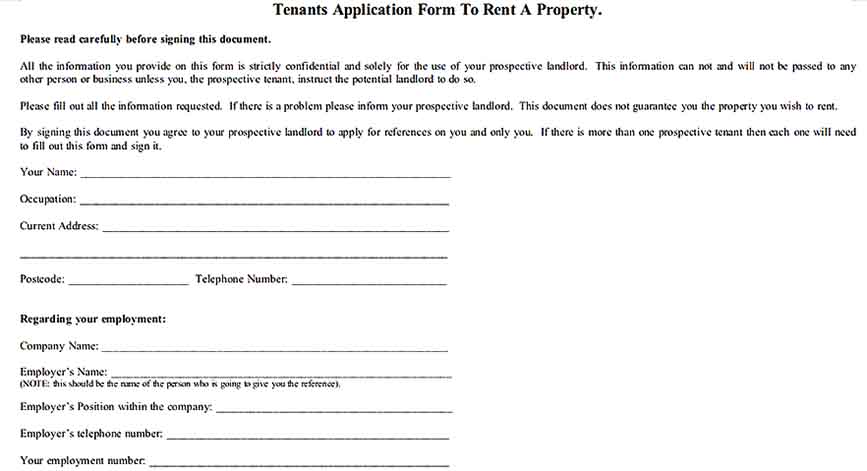 Tenants Application Form for Rental Property Inventory Sheet Templates Sample
