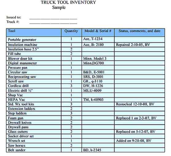 Truck Tool Inventory Spreadsheet Word Download Templates Sample