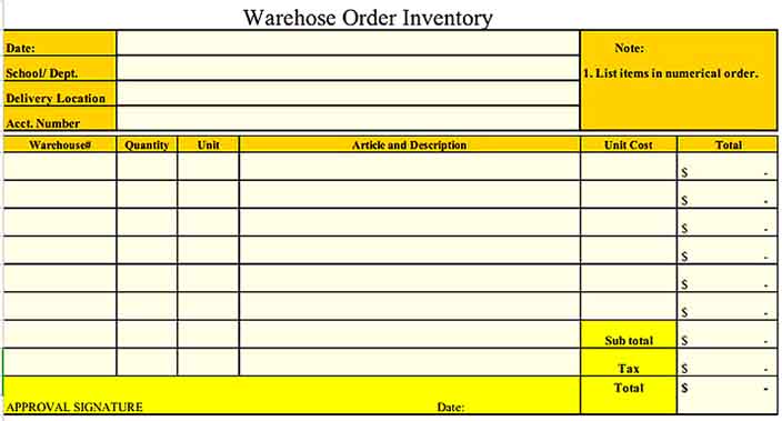 Warehose Order Inventory Example Templates Sample