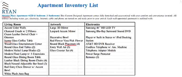 apartment inventory list Templates Sample