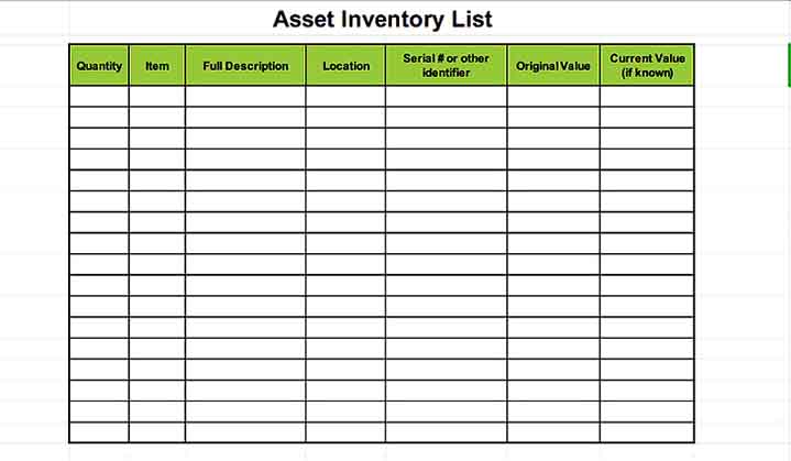 blank asset list inventory