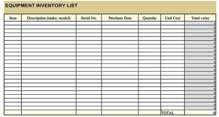 blank equipment inventory list