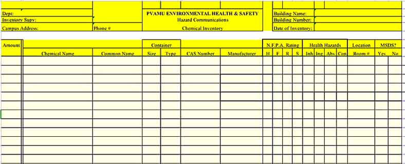 chemical inventory list Templates Sample