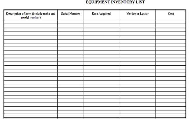 equipment inventory list sample