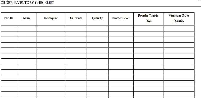 free order inventory checklist template in word