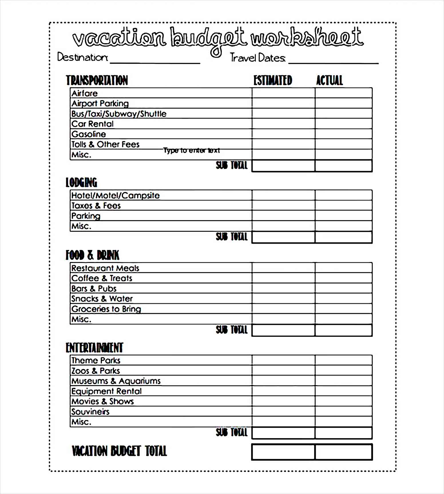 vacation budget worksheet printable