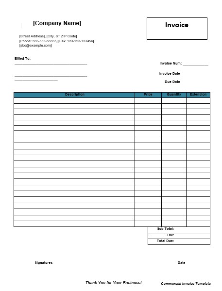 Blank Commercial Invoice Template in Word Doc