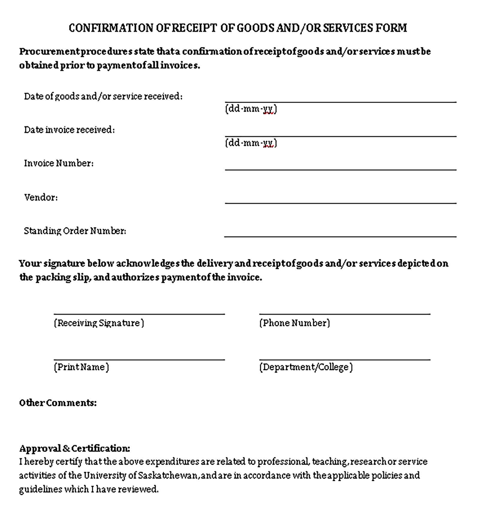 Sample Confirmation of Receipt of Goods and Services Form Templates 1