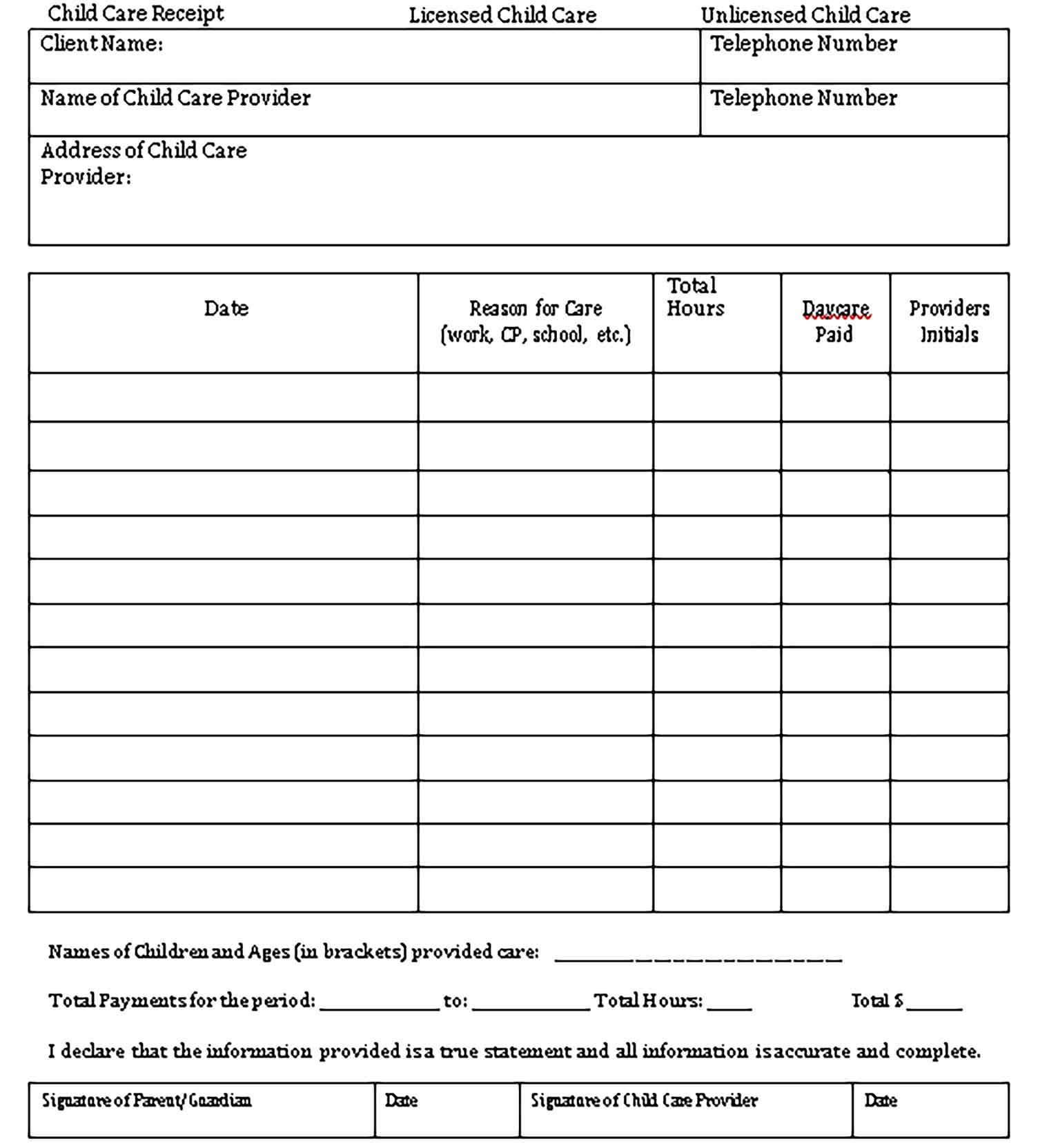 Sample Day Care Services Receipt Templates