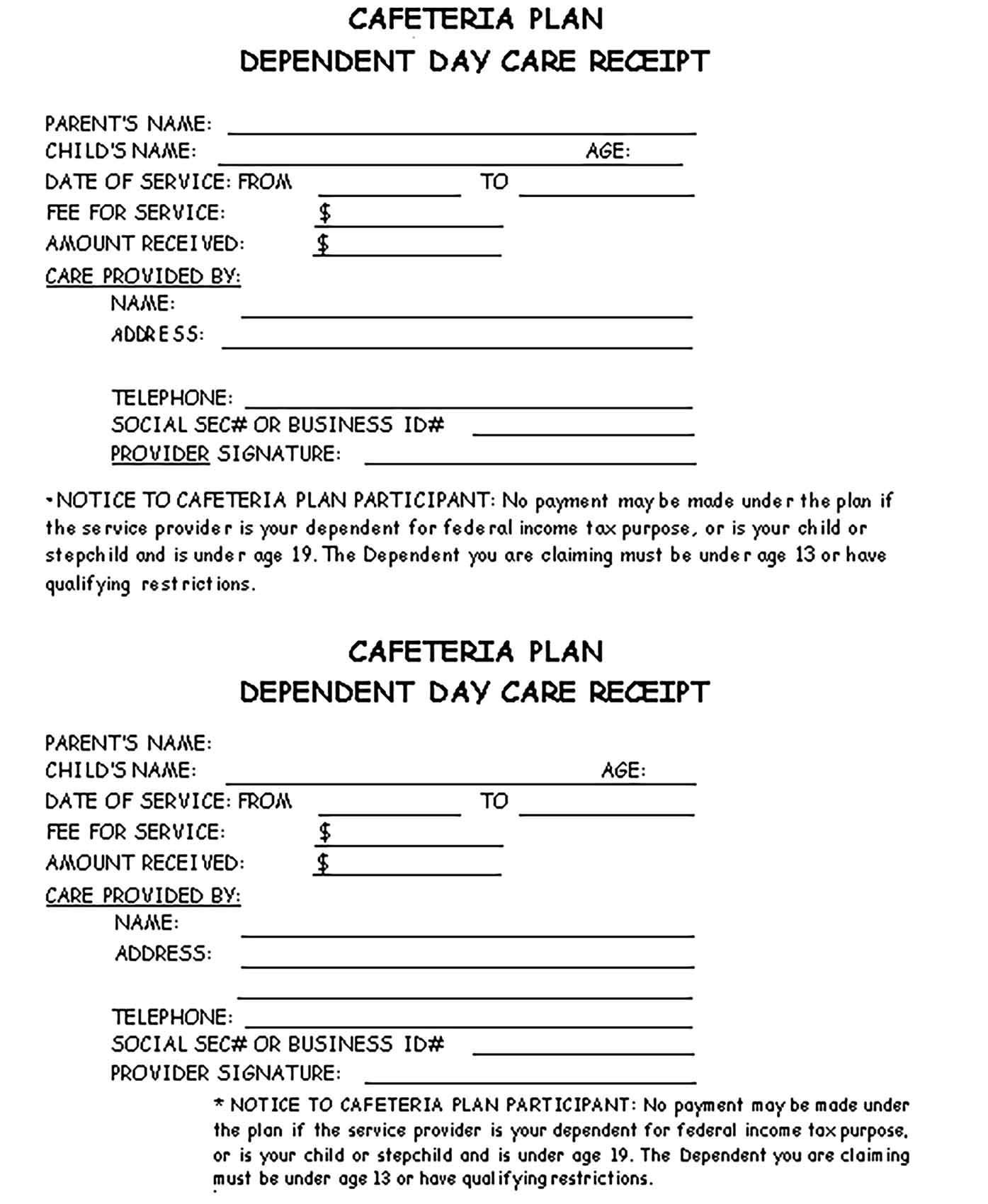 Sample Dependent Day Care Receipt Templates