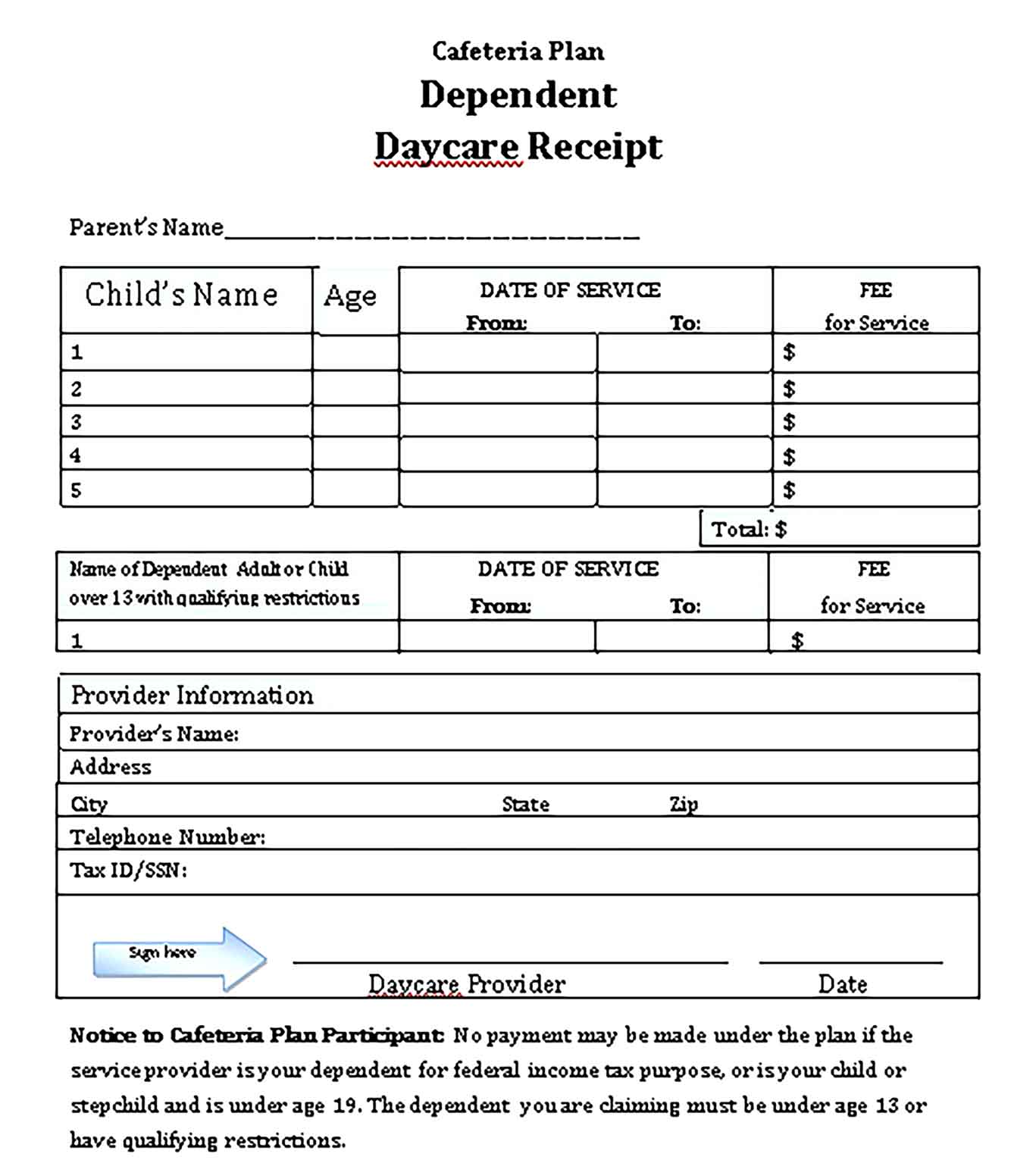 Sample Dependent Daycare Receipt 1 001 Templates
