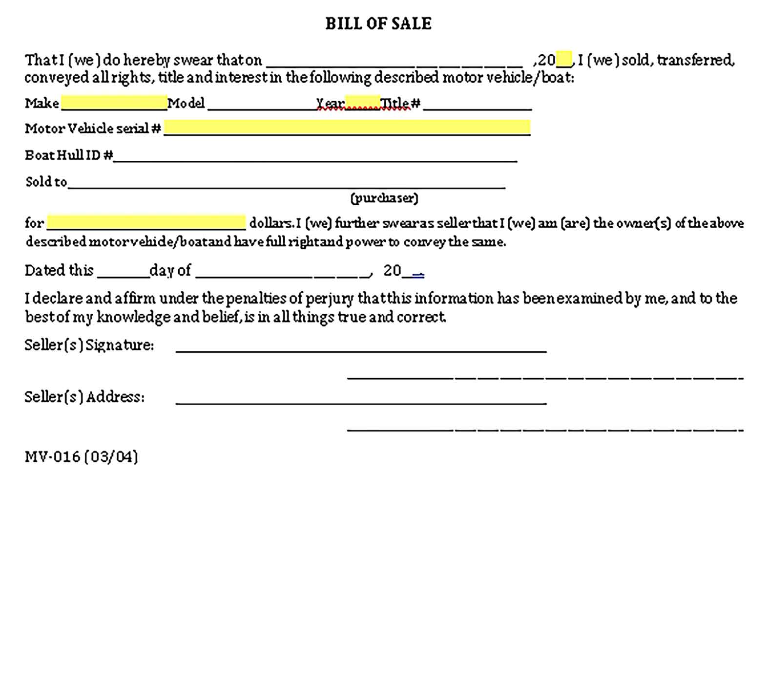Sample Editable Generic Auto Bill of Sale Templates 1