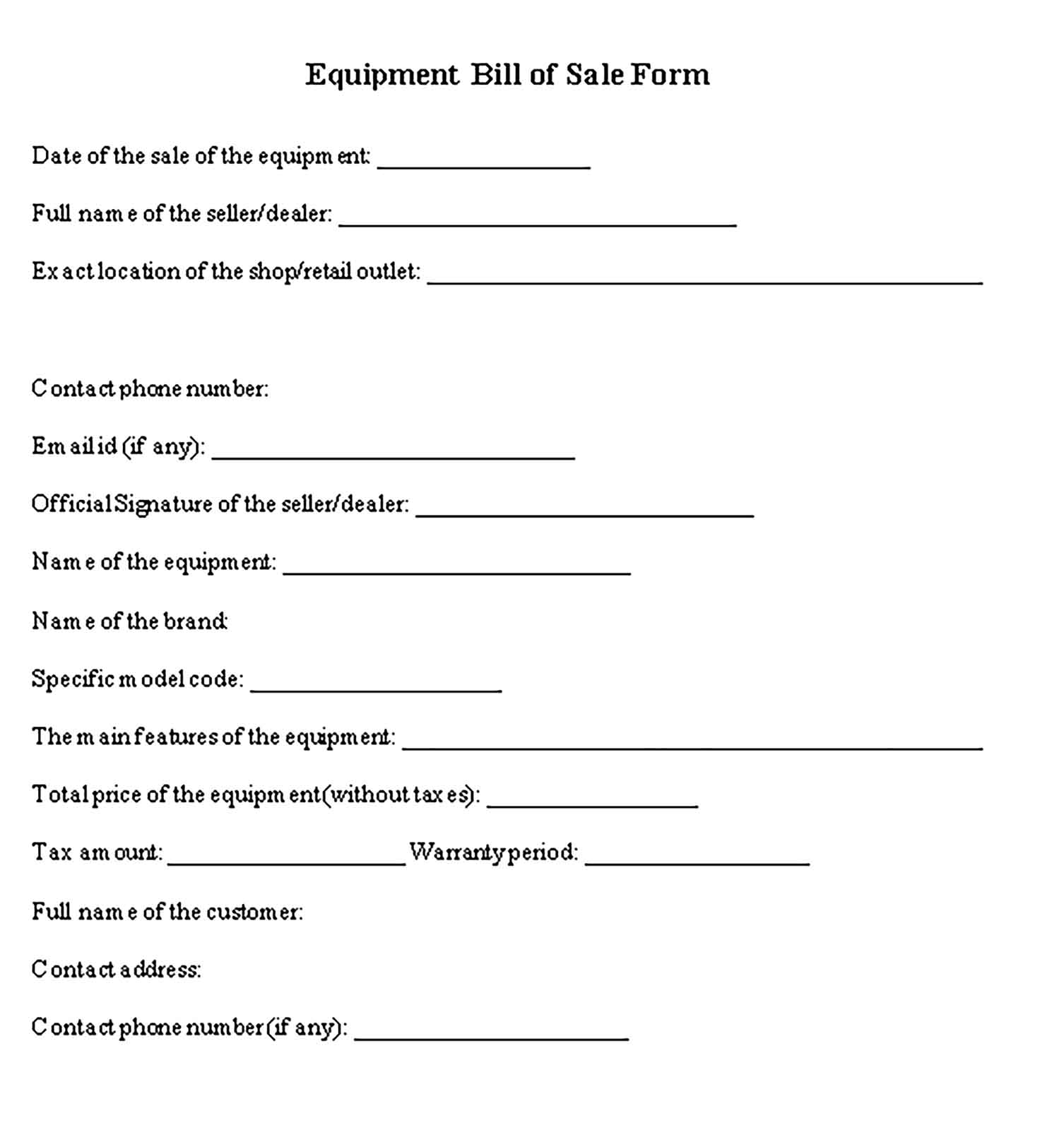 Sample Equipment Bill of Sale Form Printable Templates