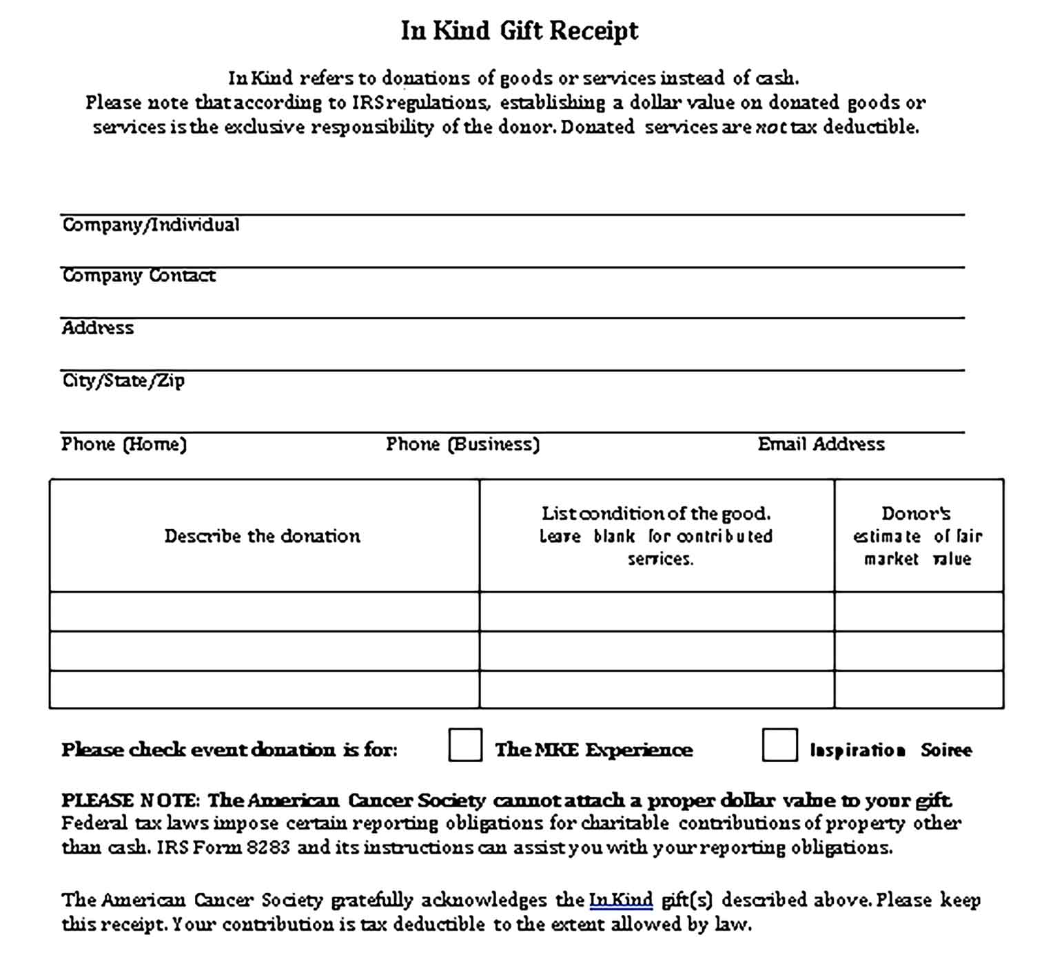 Sample In Kind Gift Receipt Templates