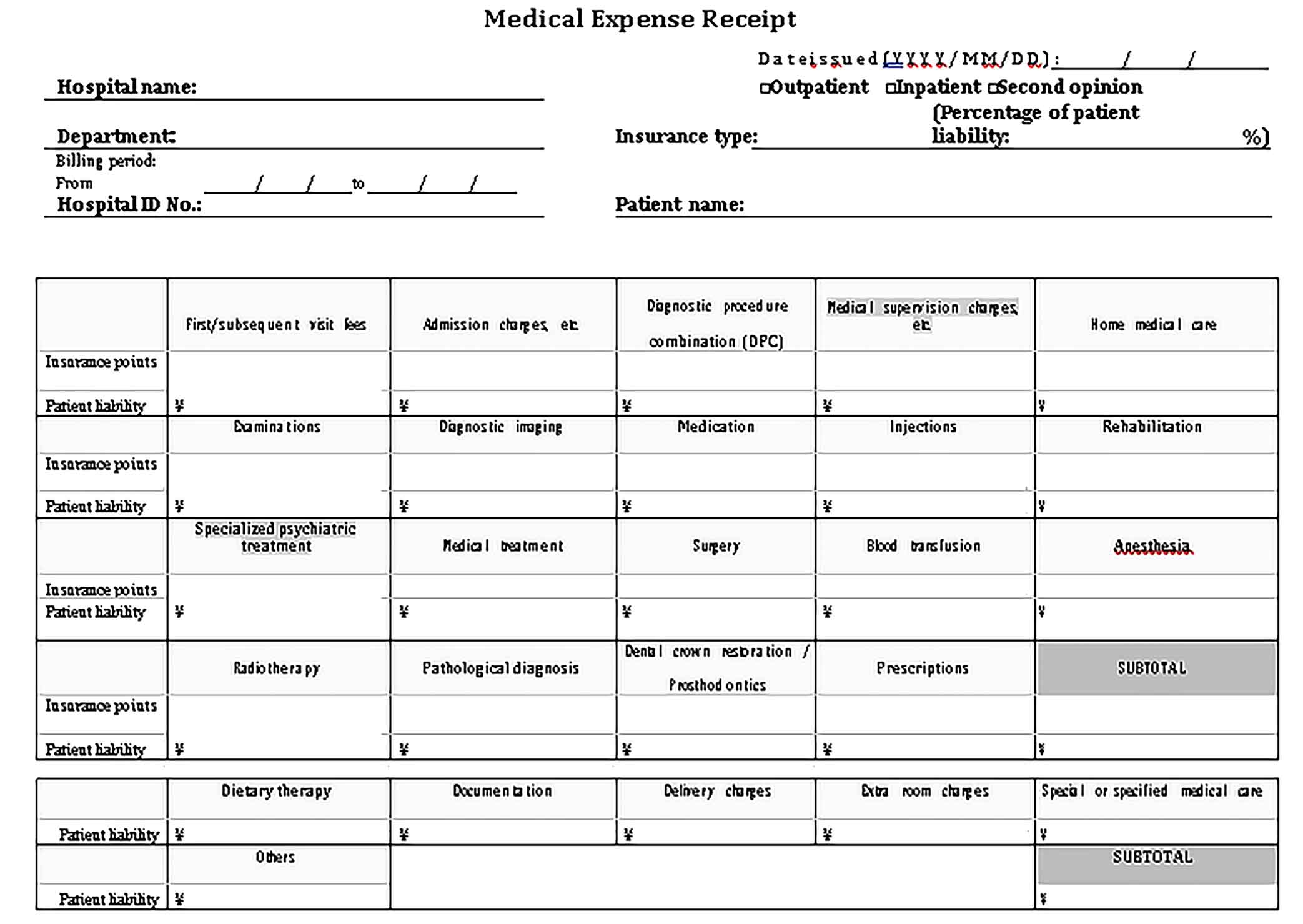 Sample Medical Expense Receipt Templates