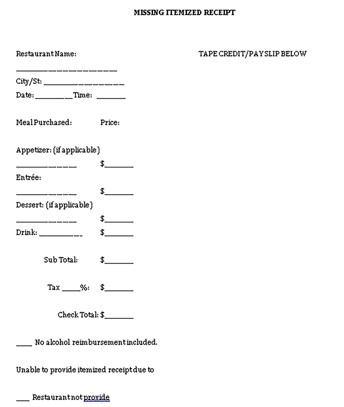 Sample Missing Itemized Receipt Word Templates