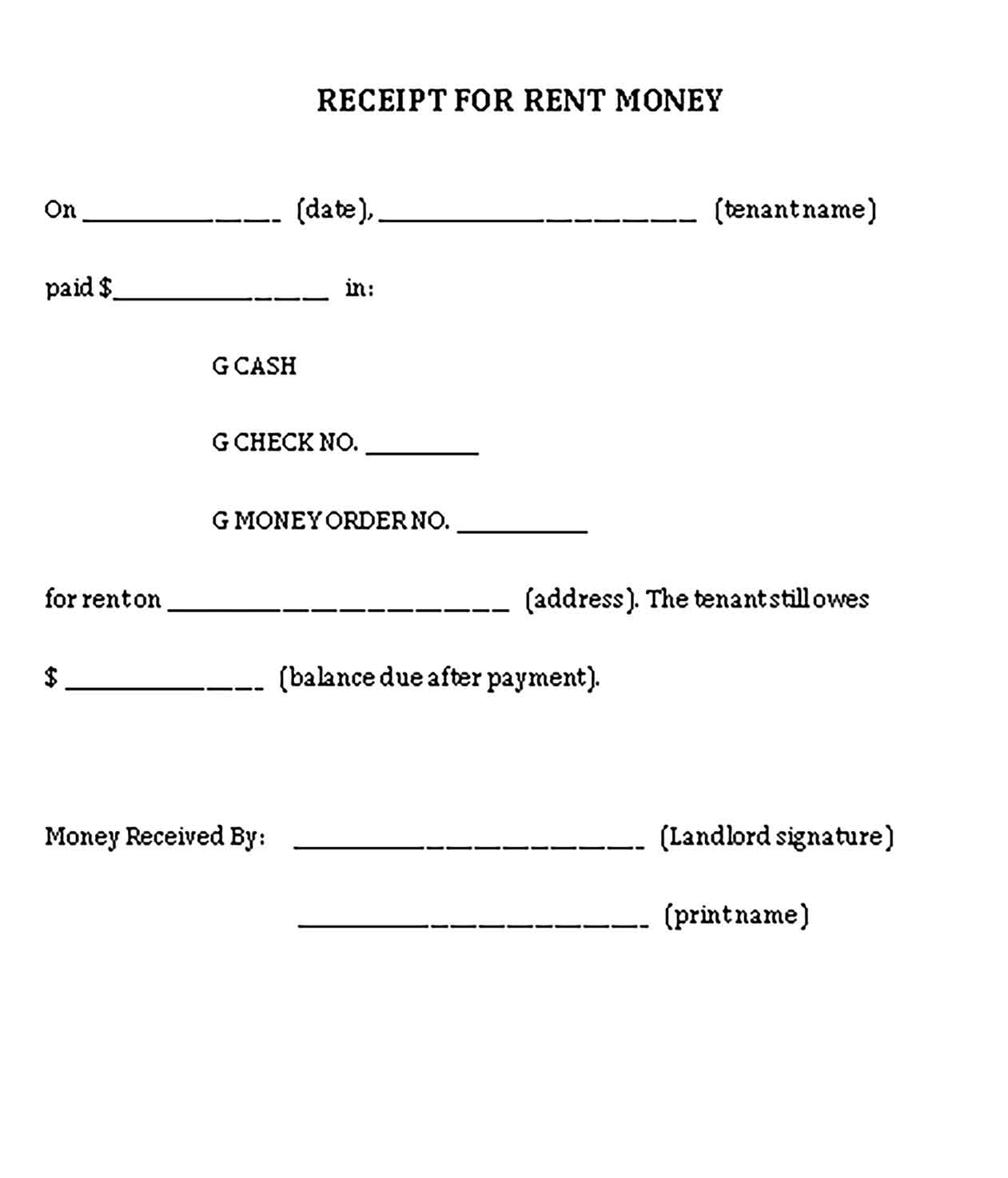 Sample Money Receipt for Rent 1 Templates