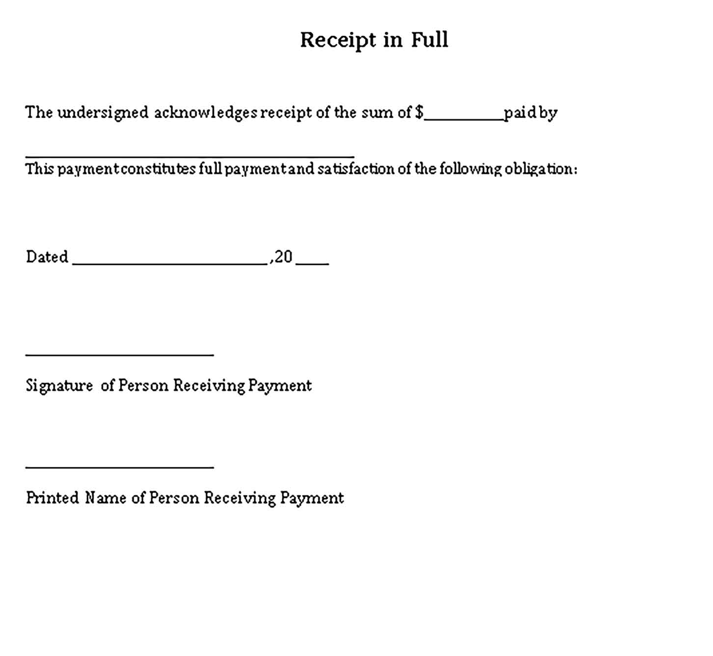 Sample Paid In Full Receipt Templates
