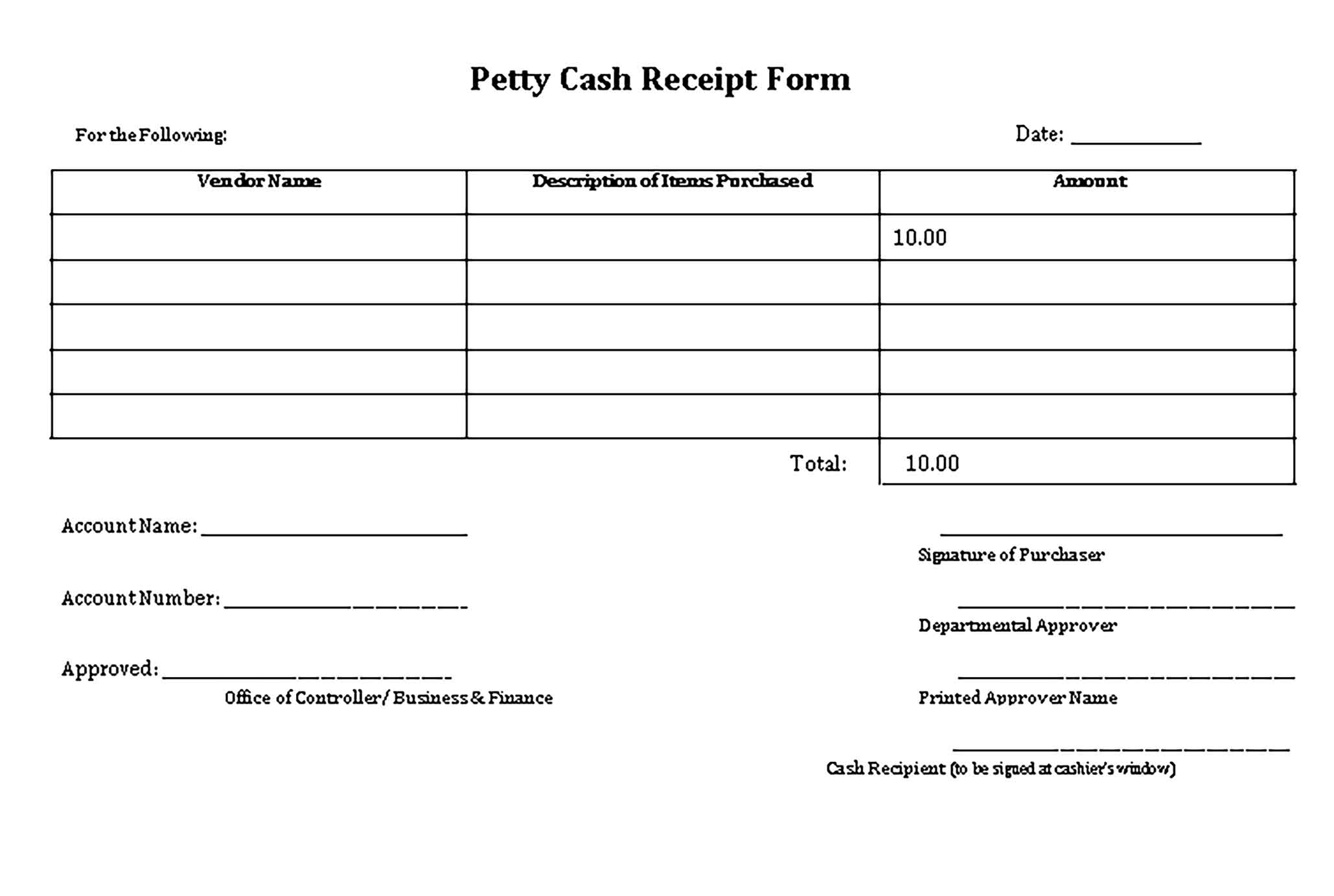 Sample Petty Cash Blank Receipt Templates
