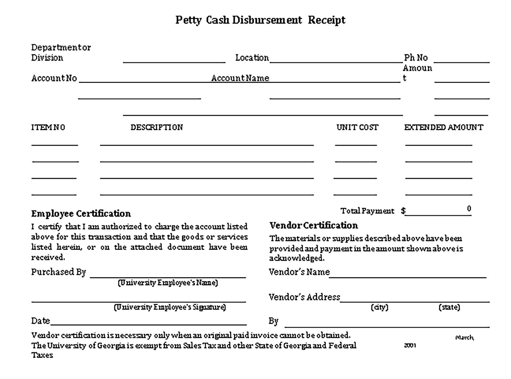 Sample Petty Cash Disbursement Receipt Templates