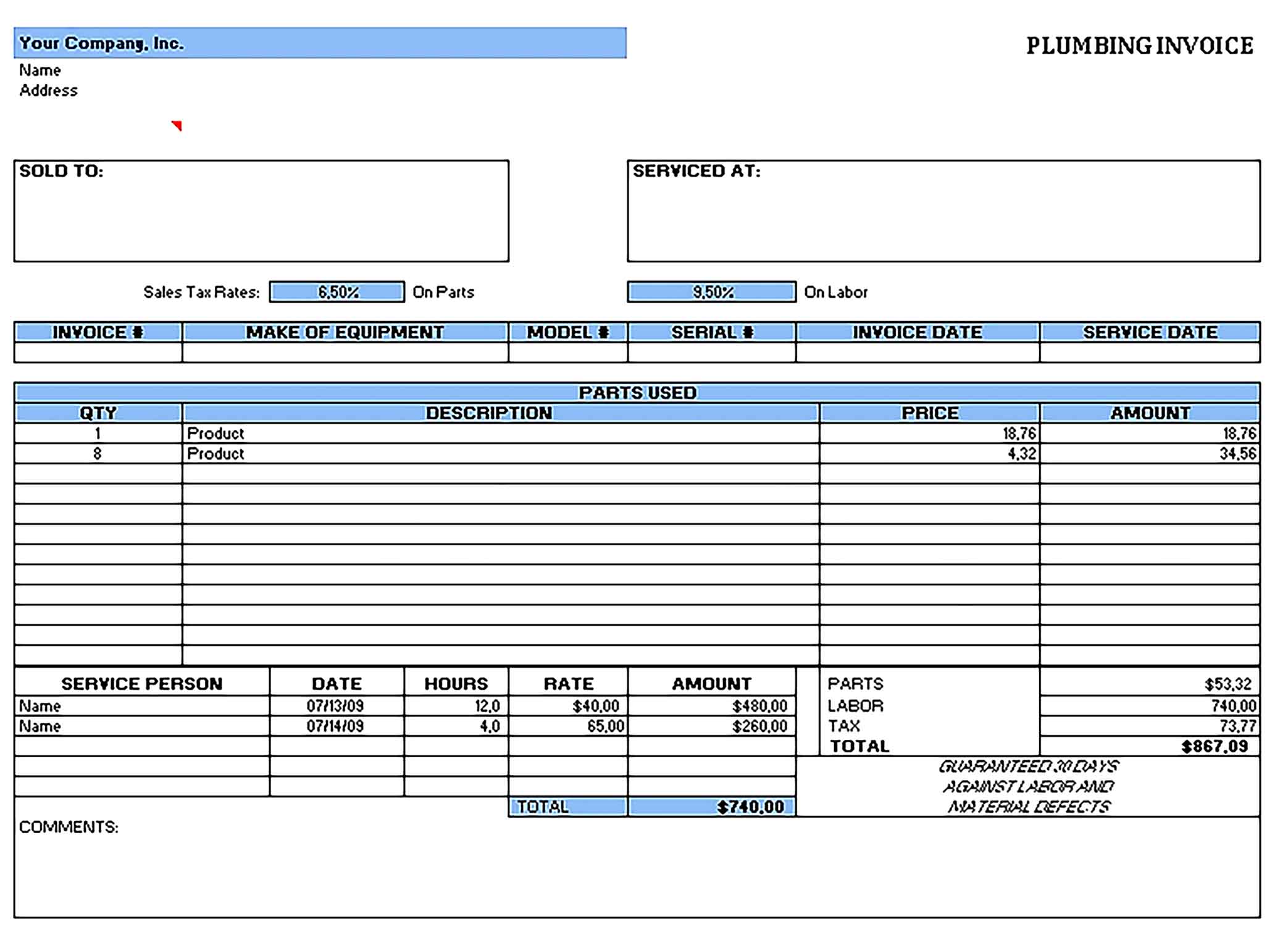 Sample Plumbing Receipt Excel 1 Templates
