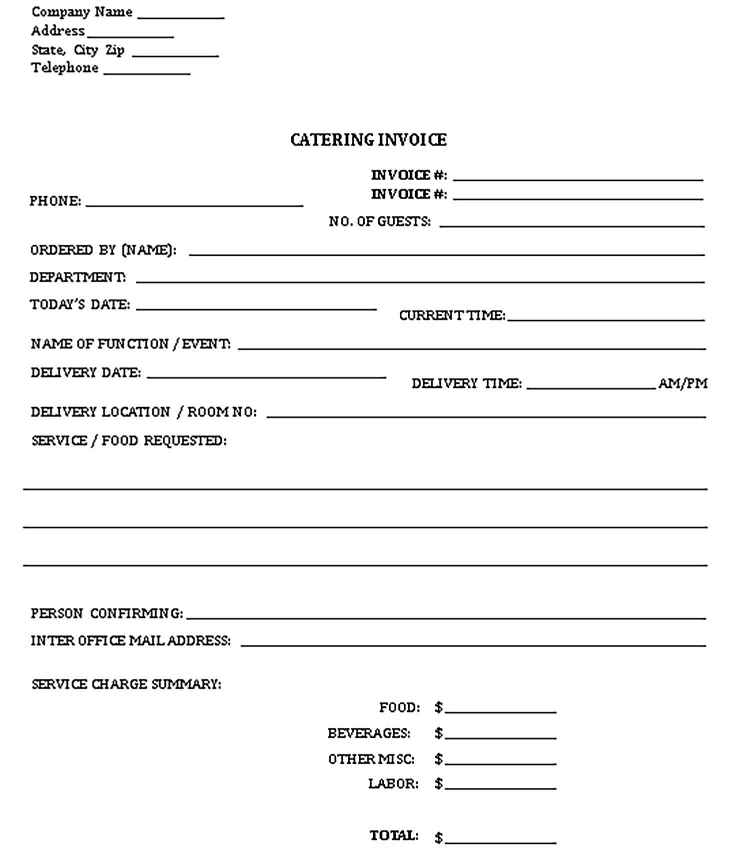 Sample Printable Catering Templates