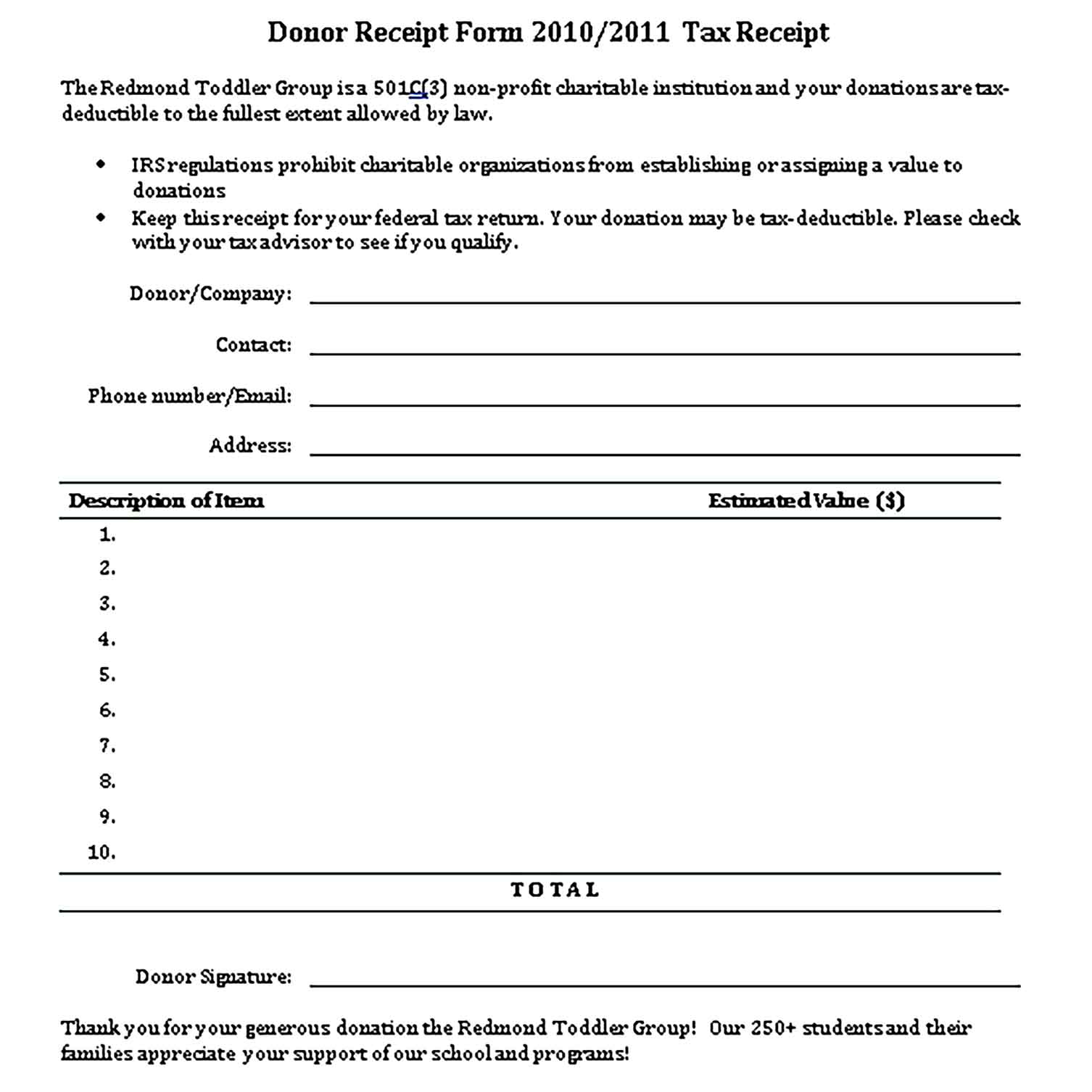 Sample Printable Donor Receipt Form Templates