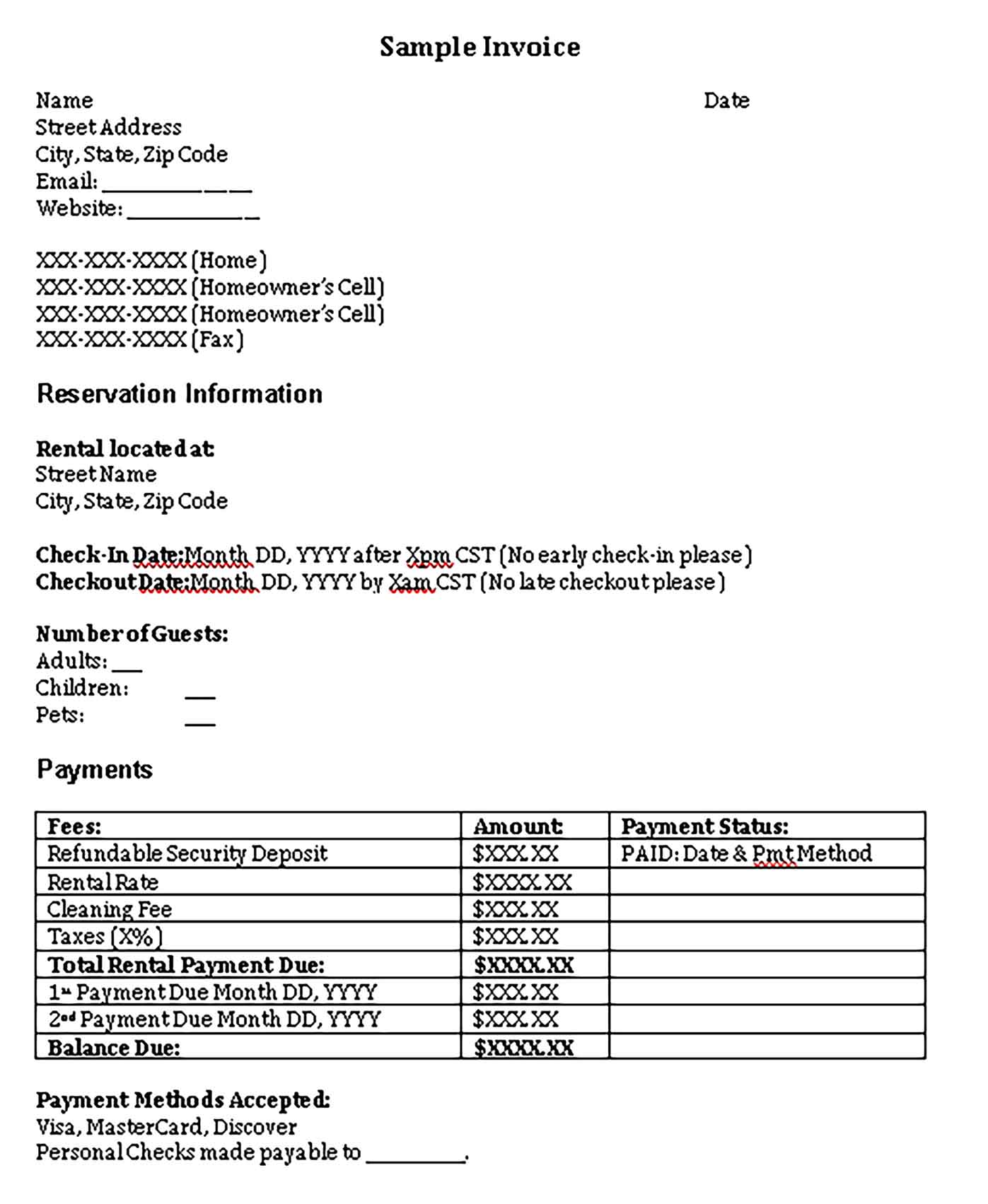 Sample Receipt for Vacation Rental Booking Templates