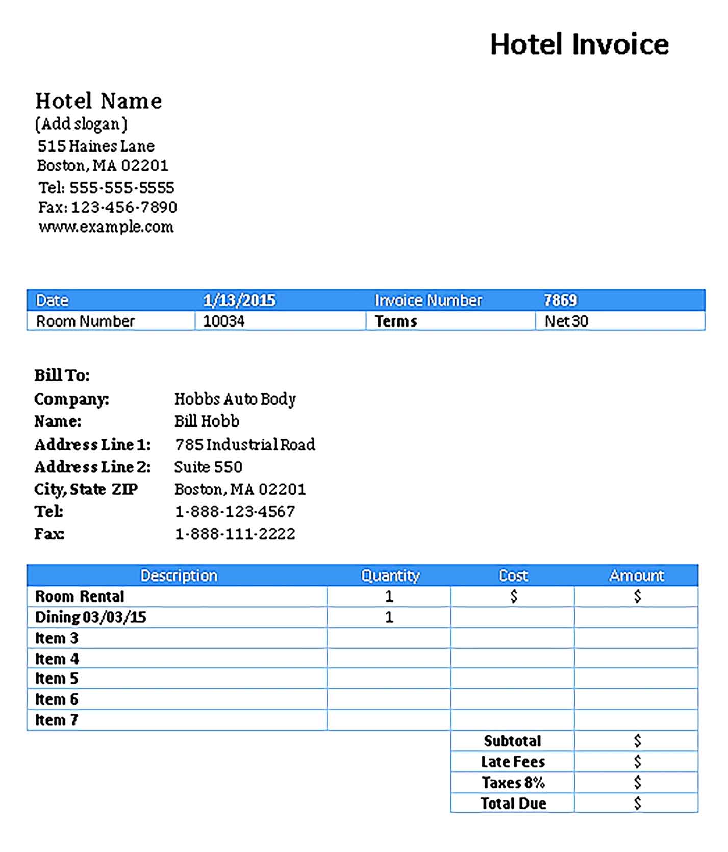 Sample Receipt of Hotel Templates