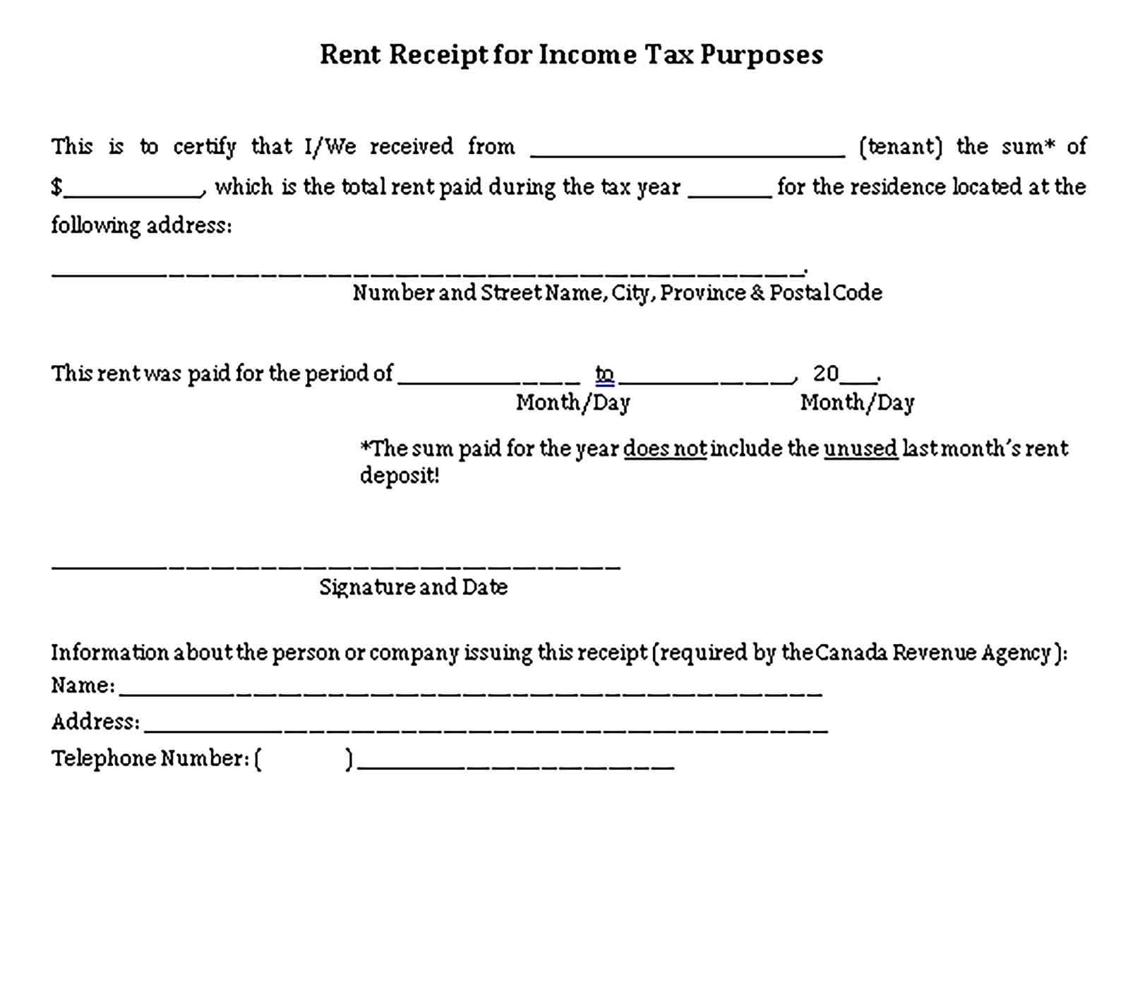 Sample Rent Receipt for Income Tax Purposes Templates 3