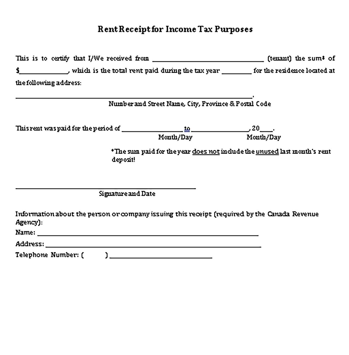 Sample Rent Receipt for Income Tax Purposes Templates