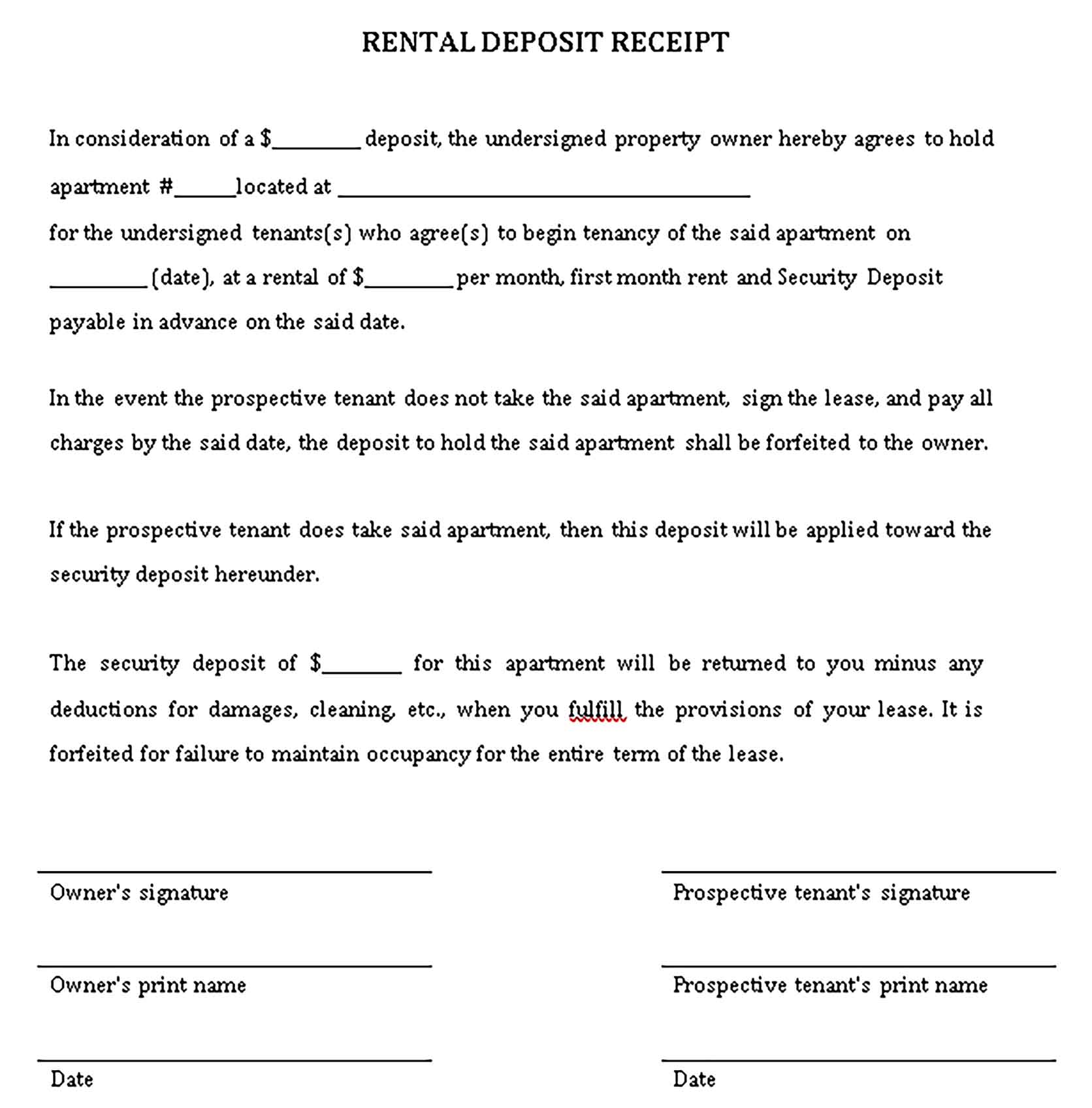 Sample Rental Deposit Receipt 2 Templates