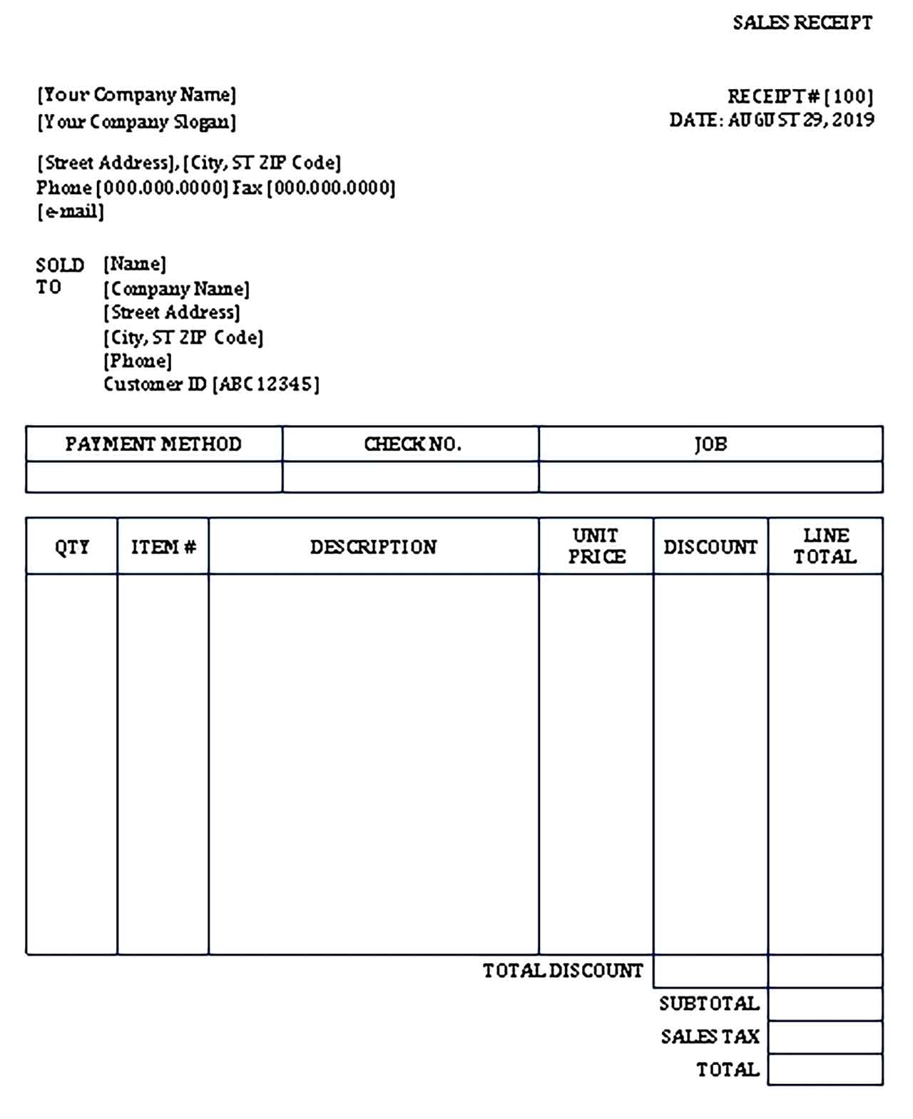 Sample Sales Receipt in Word Templates