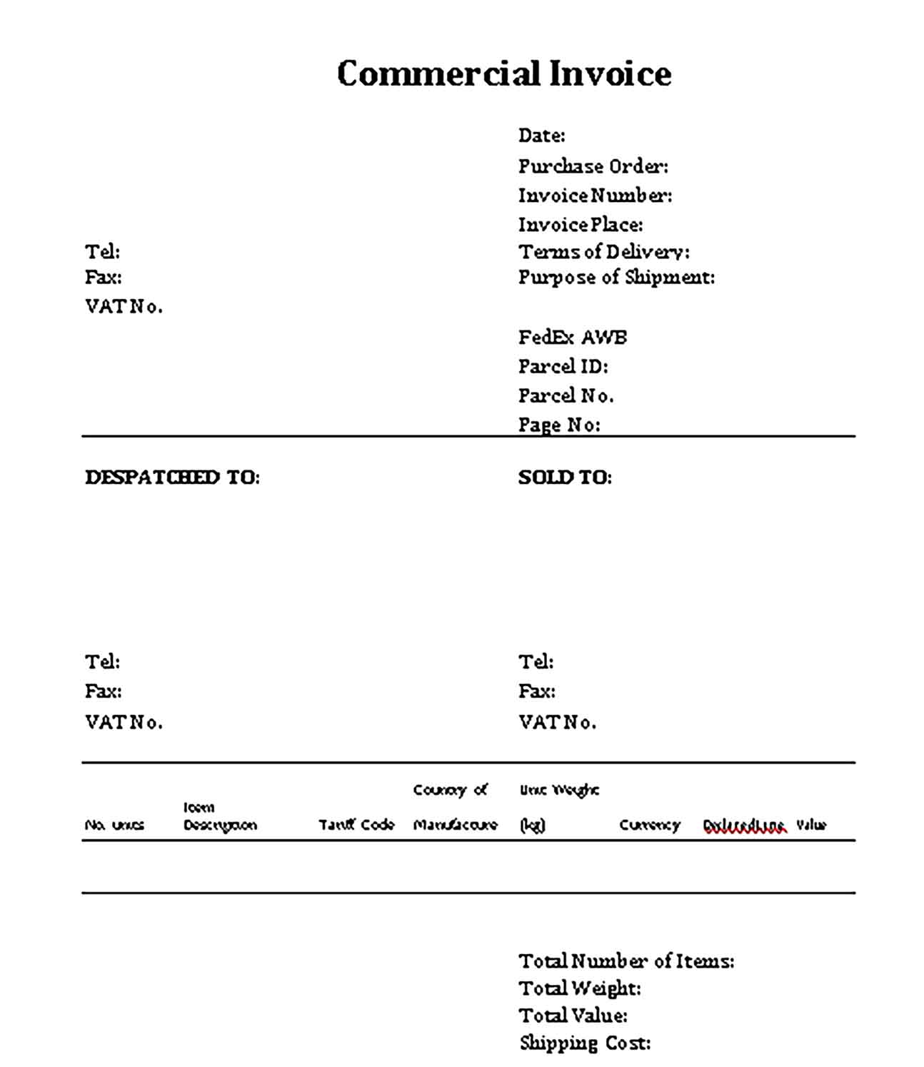 Sample Templates Blank Commercial Invoice 1 2
