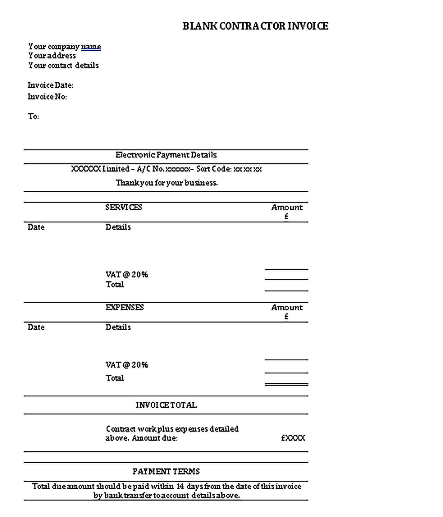 Sample Templates Blank Contractor Invoice