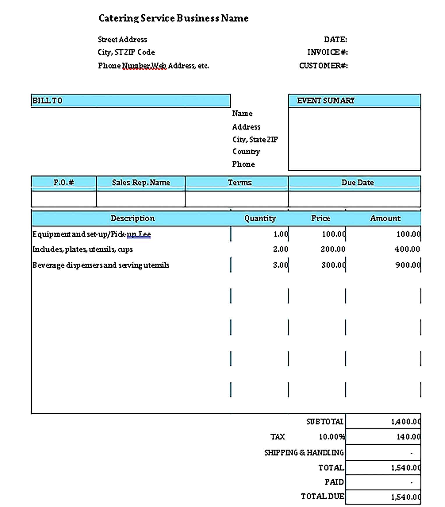 Sample Templates Catering Bill Invoice