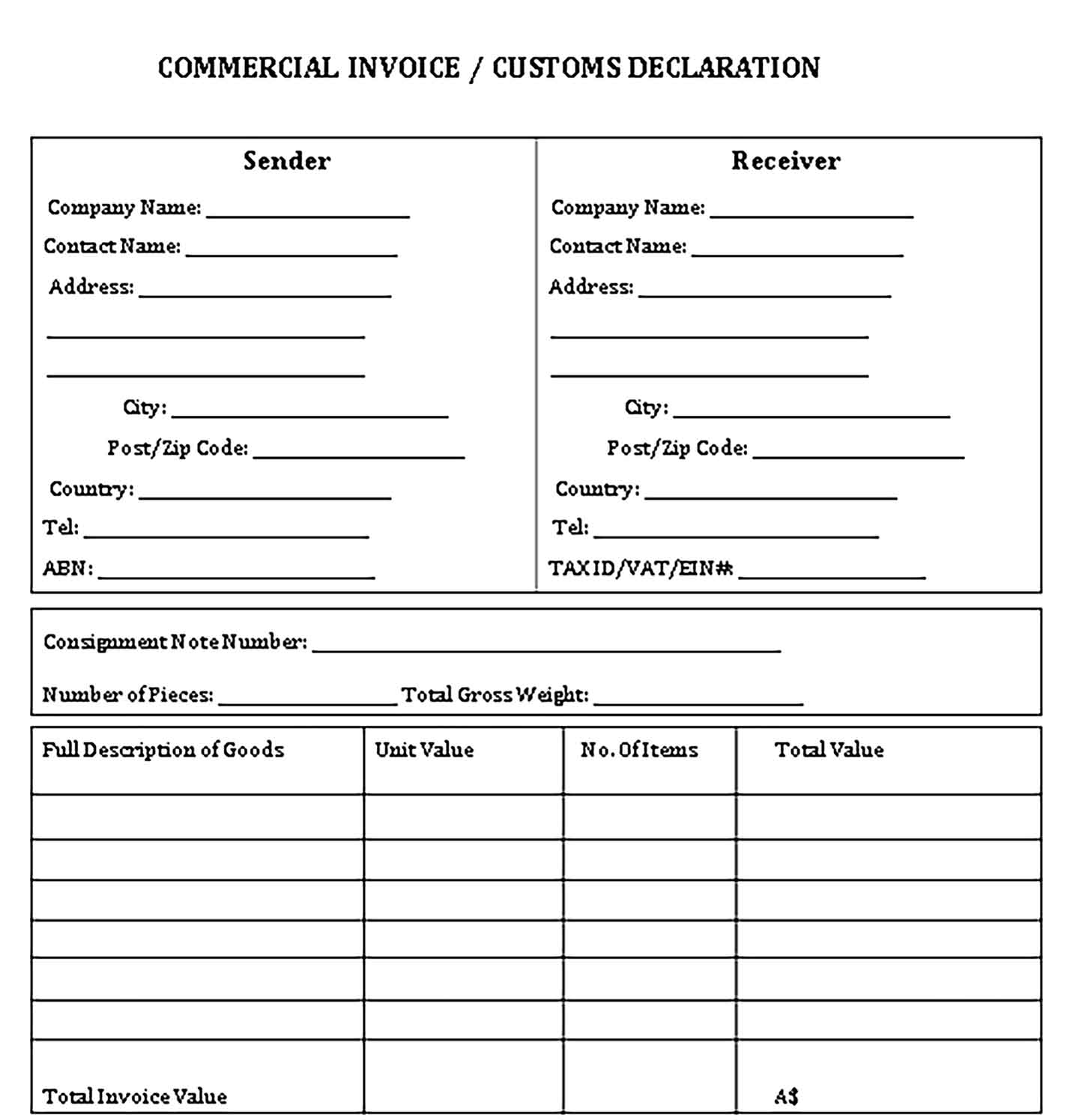 Sample Templates Commercial Invoice Custom Decleration 1