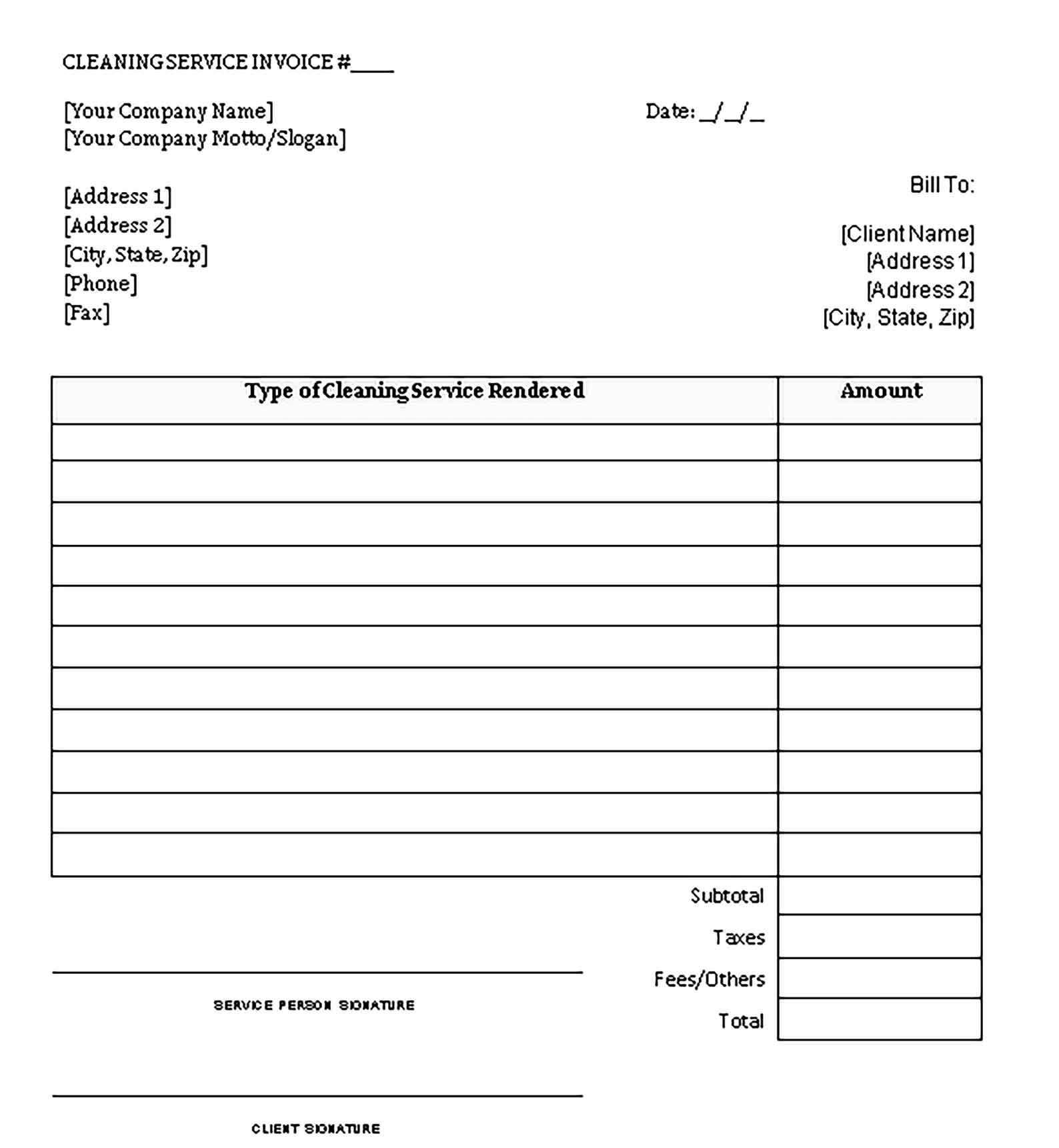Sample Templates Company Cleaning Invoice