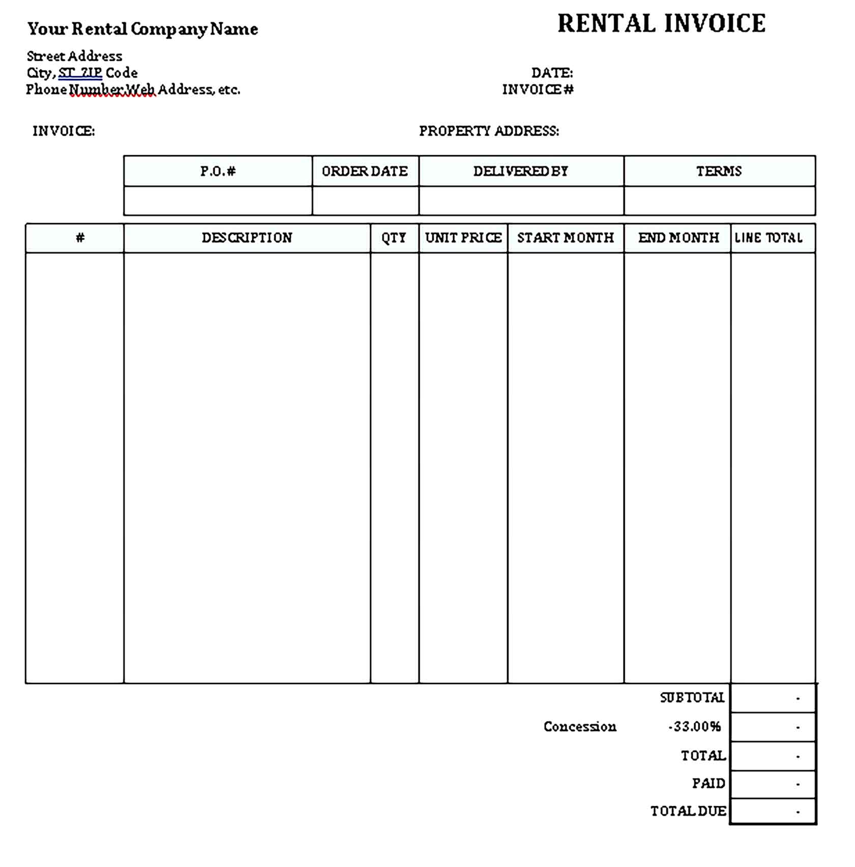 Sample Templates Company Rental Invoice