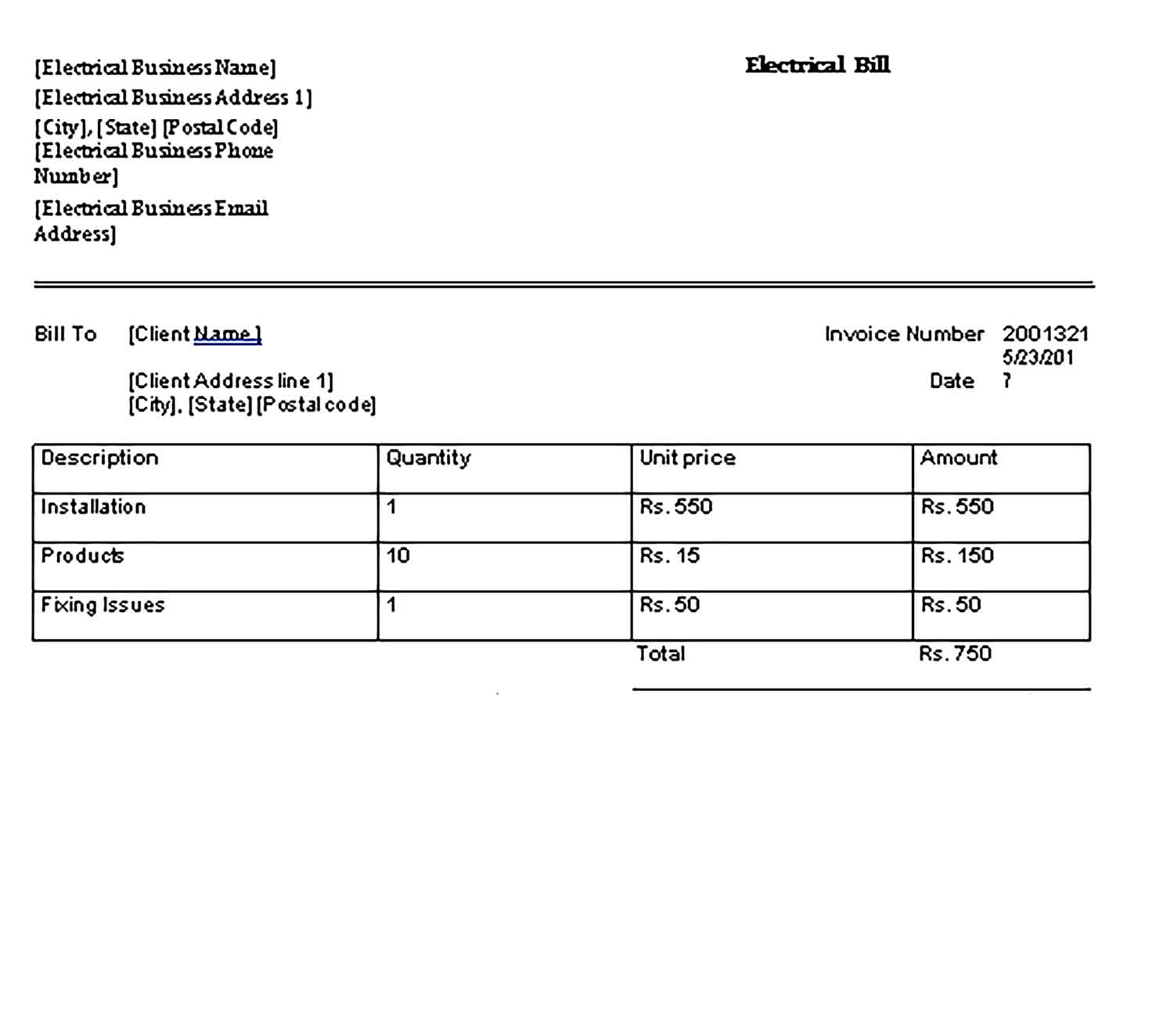Sample Templates Electrical Bill