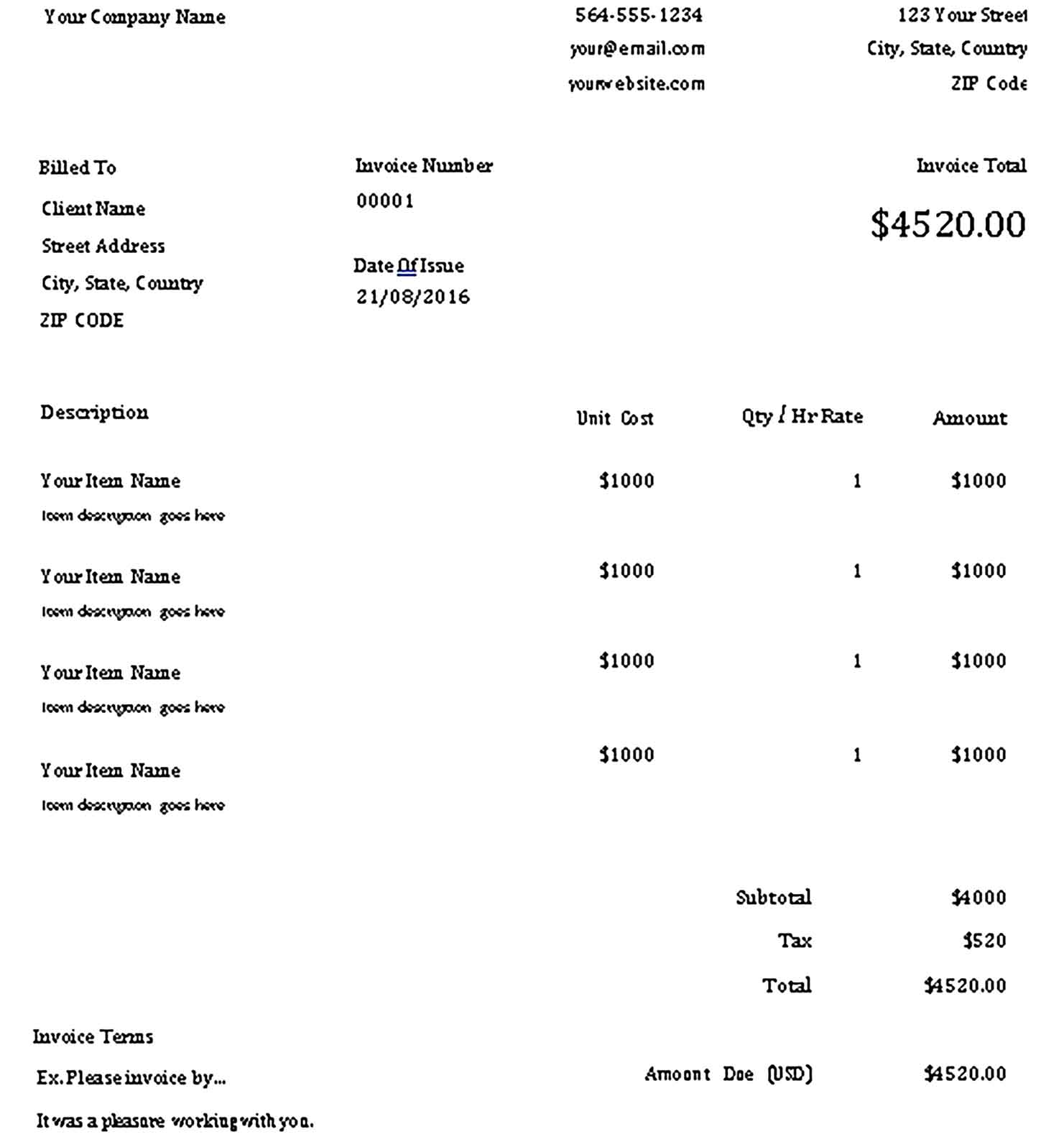 Sample Templates Electrical Work Invoice