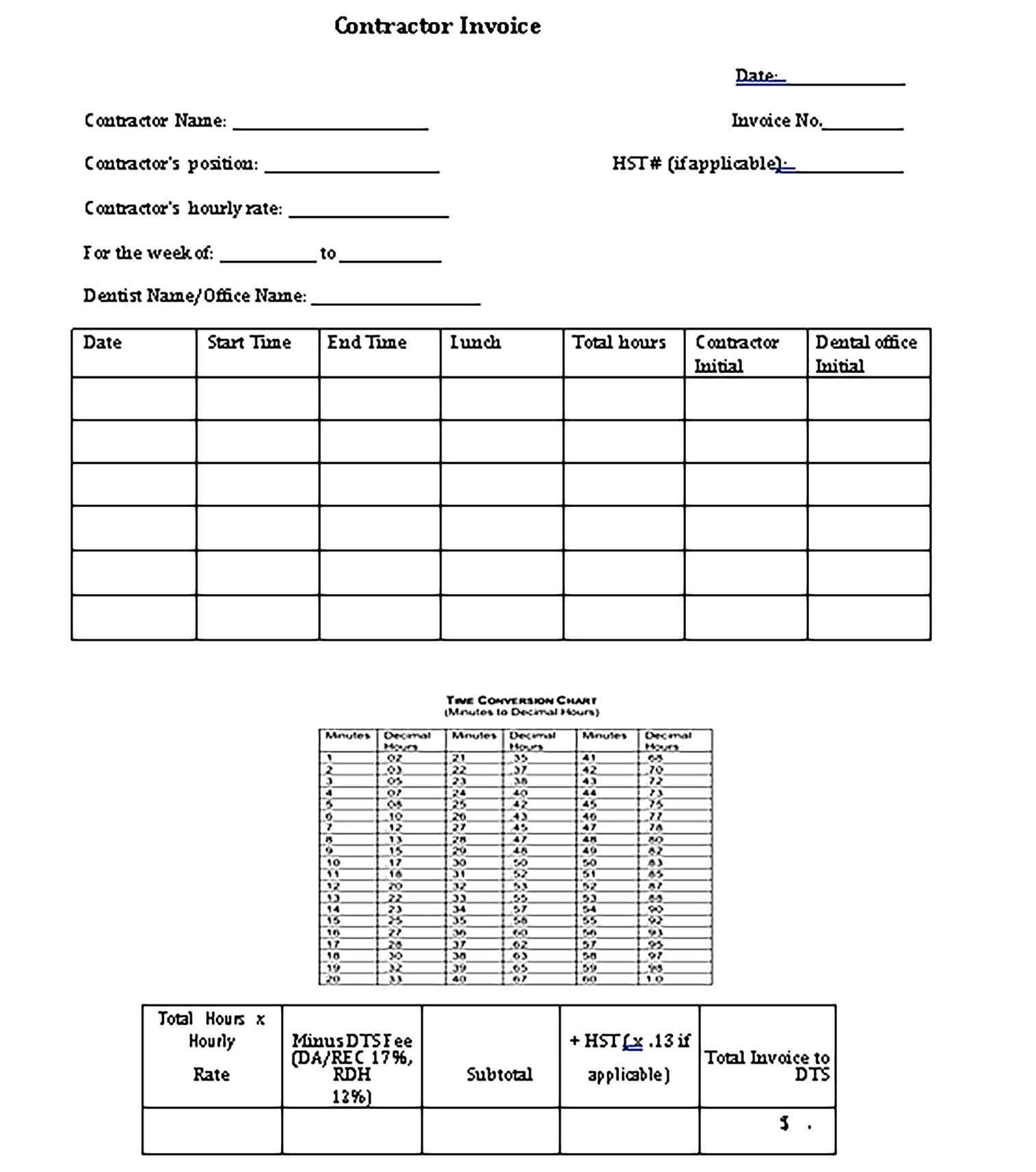 Sample Templates Hourly Contractor Invoice