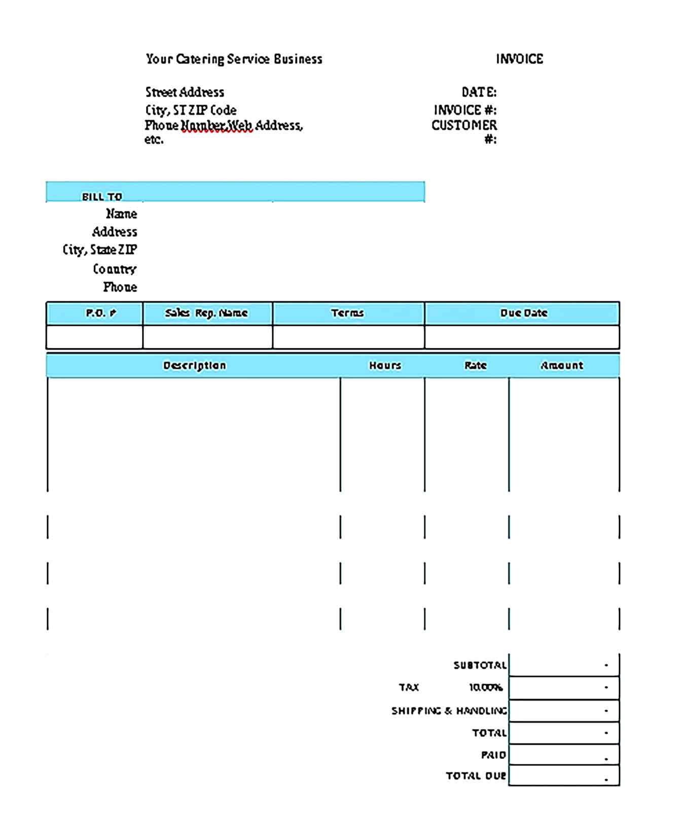 Sample Templates Printable Catering Invoice