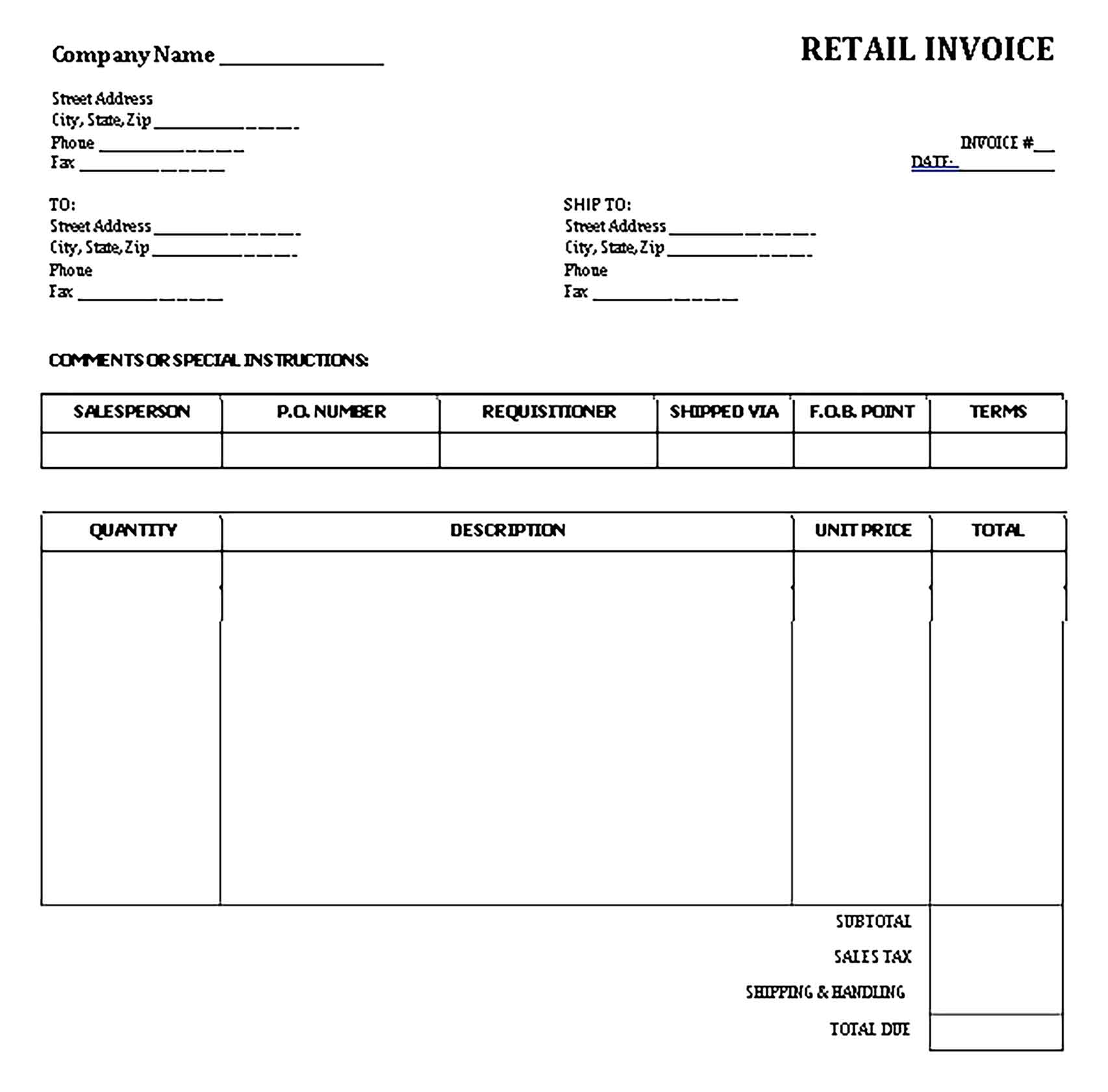 Sample Templates Printable Retail Invoice