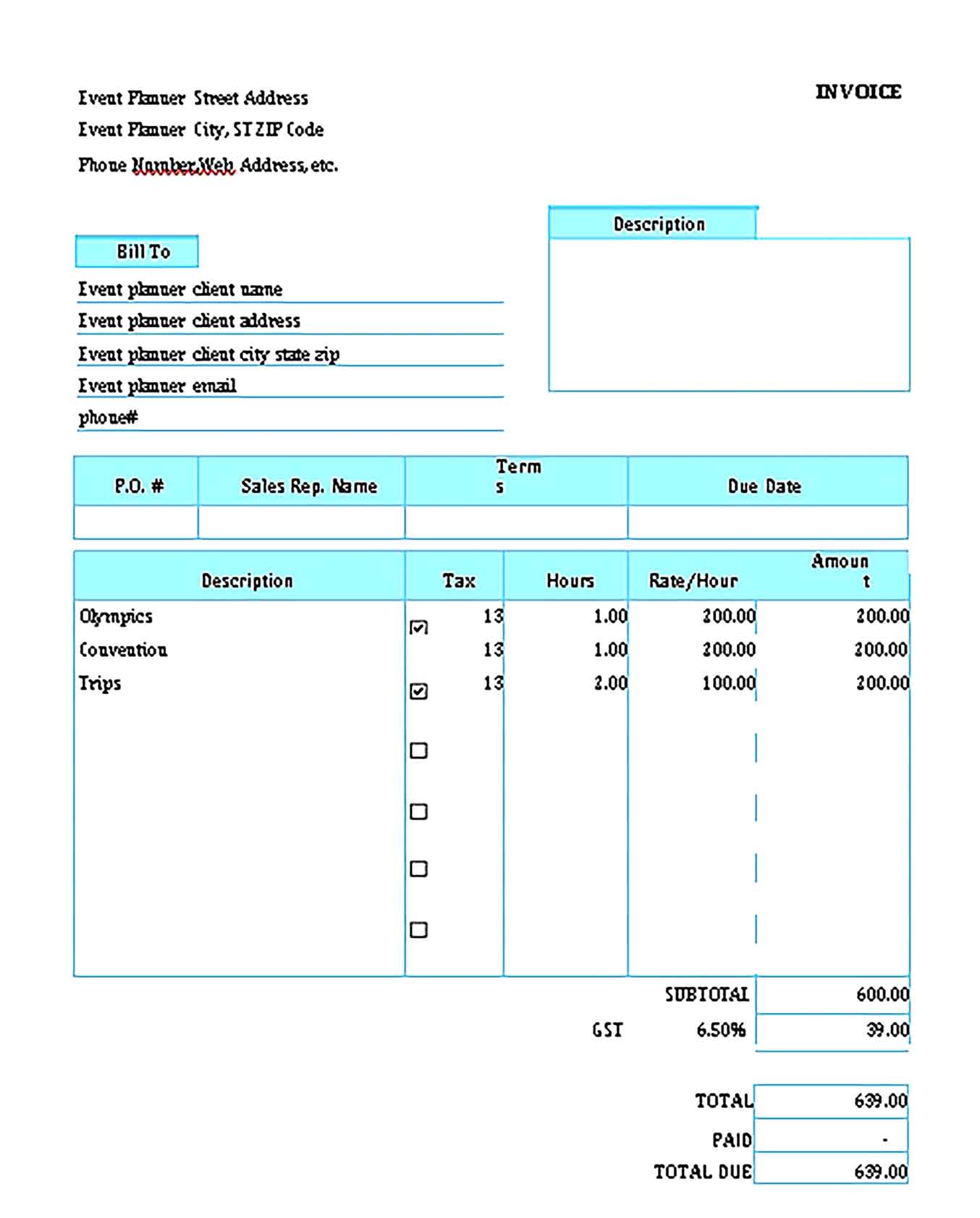 Sample Templates Professional Event Planner Invoice