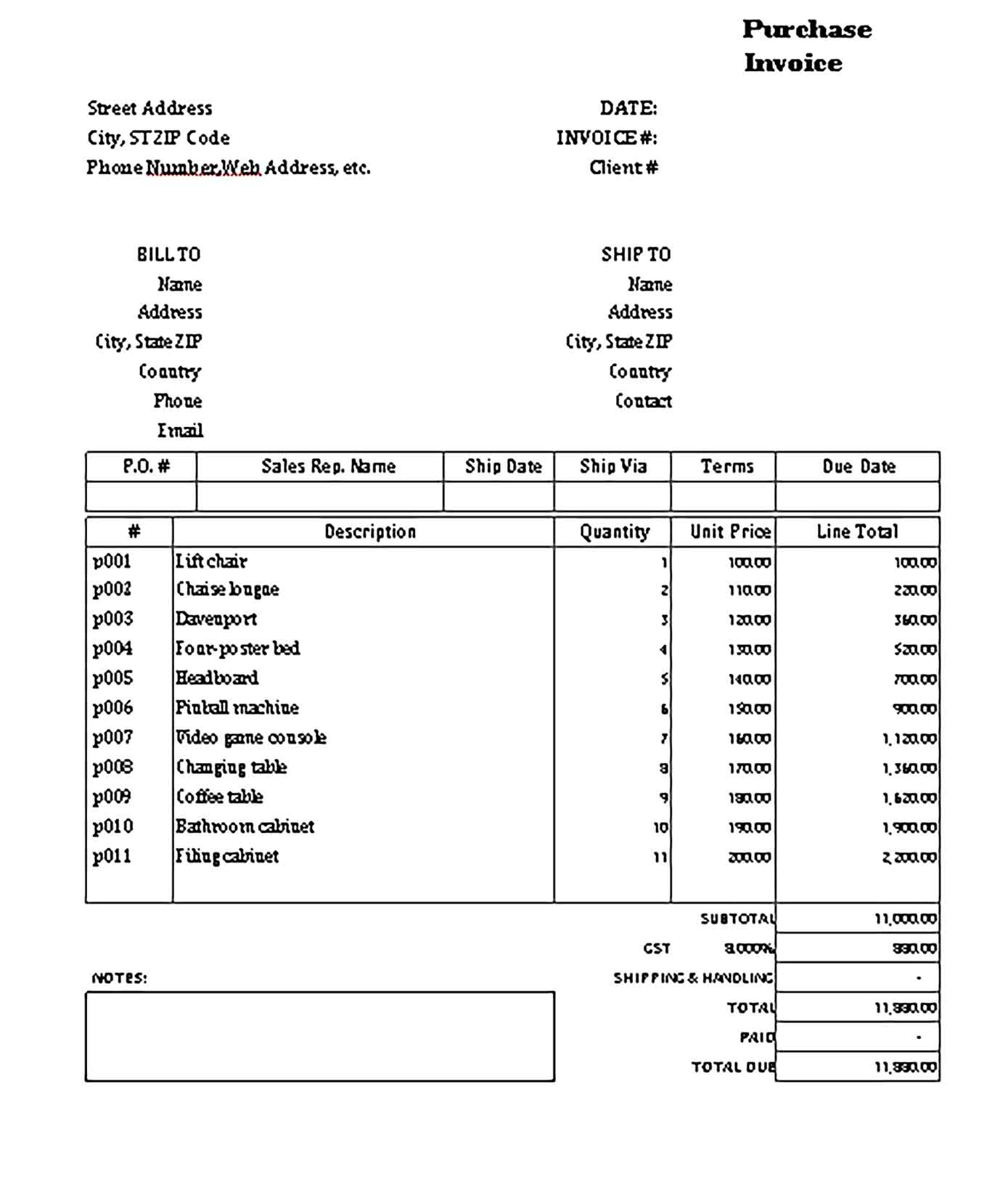 Sample Templates Purchase Invoice for Furniture