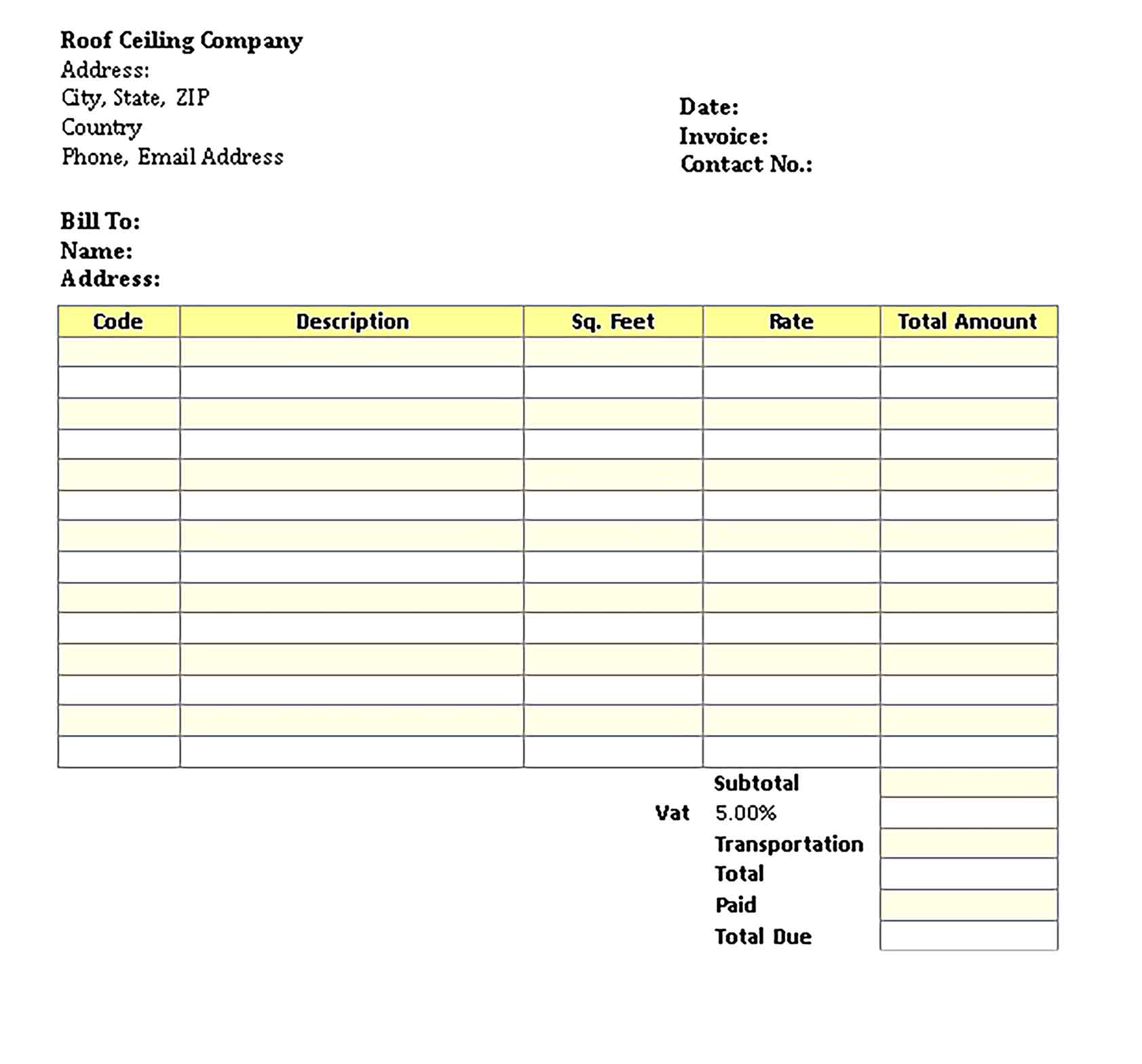 Sample Templates Roof Ceiling Invoice