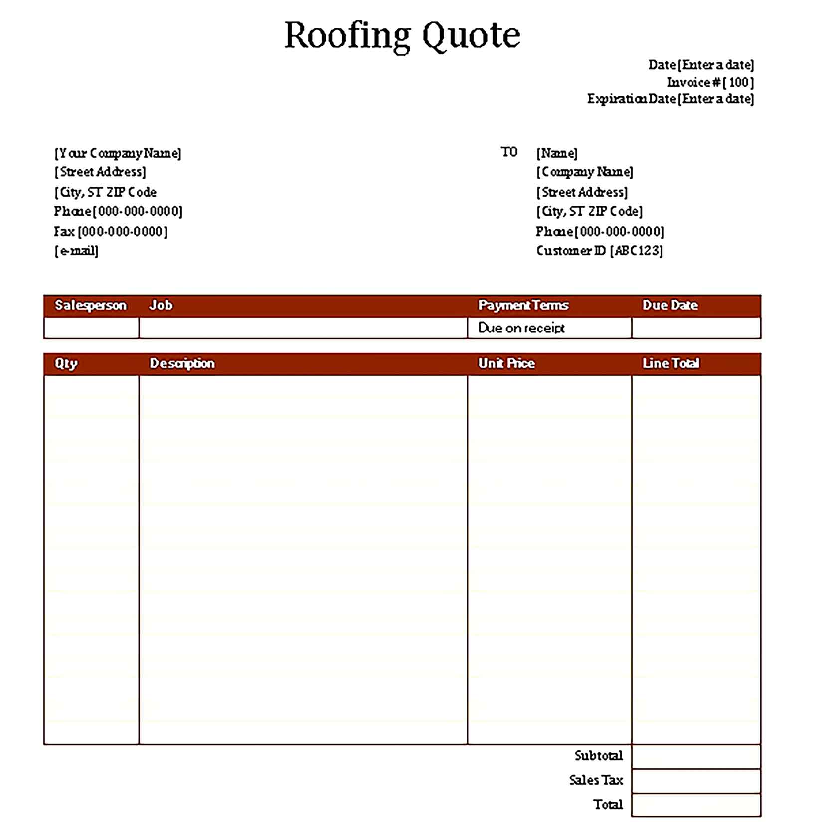 Sample Templates Roofing Estimate Invoice