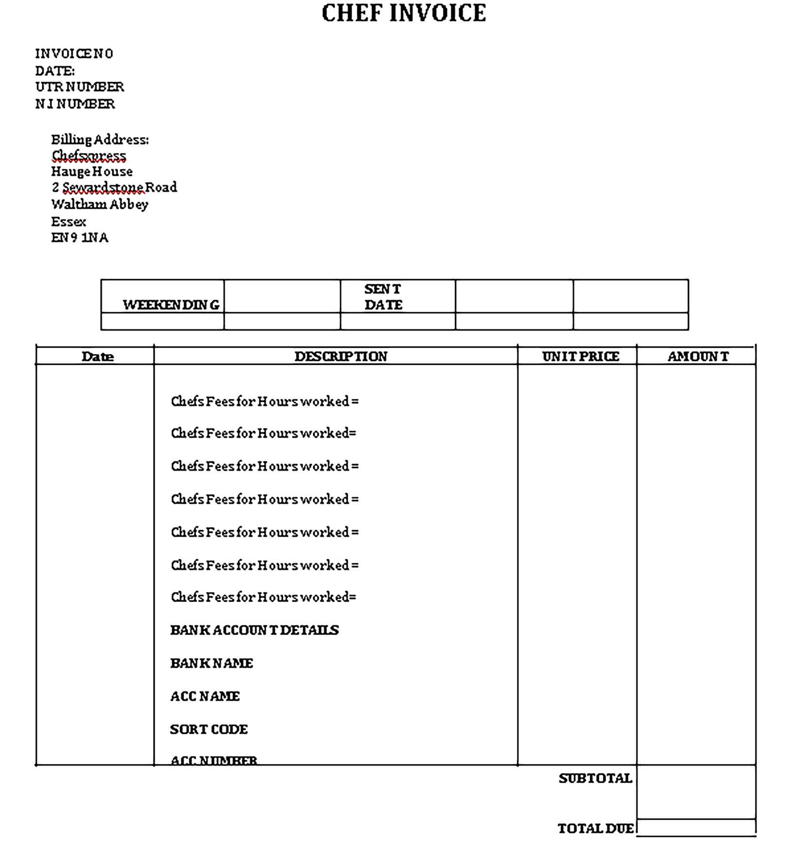 Sample Templates Self Employed Chef Invoice