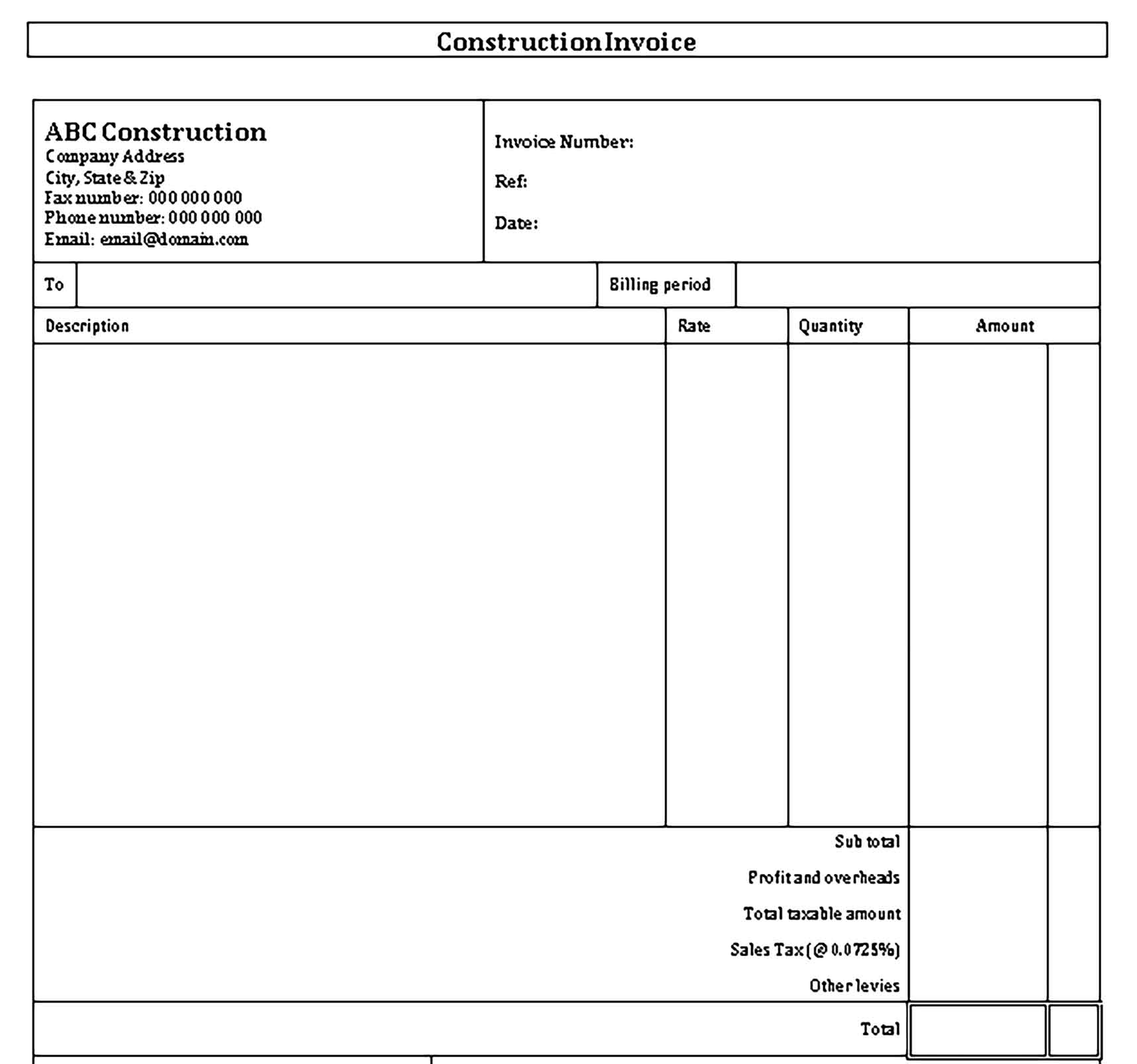Sample Templates Self Employed Construction Invoice